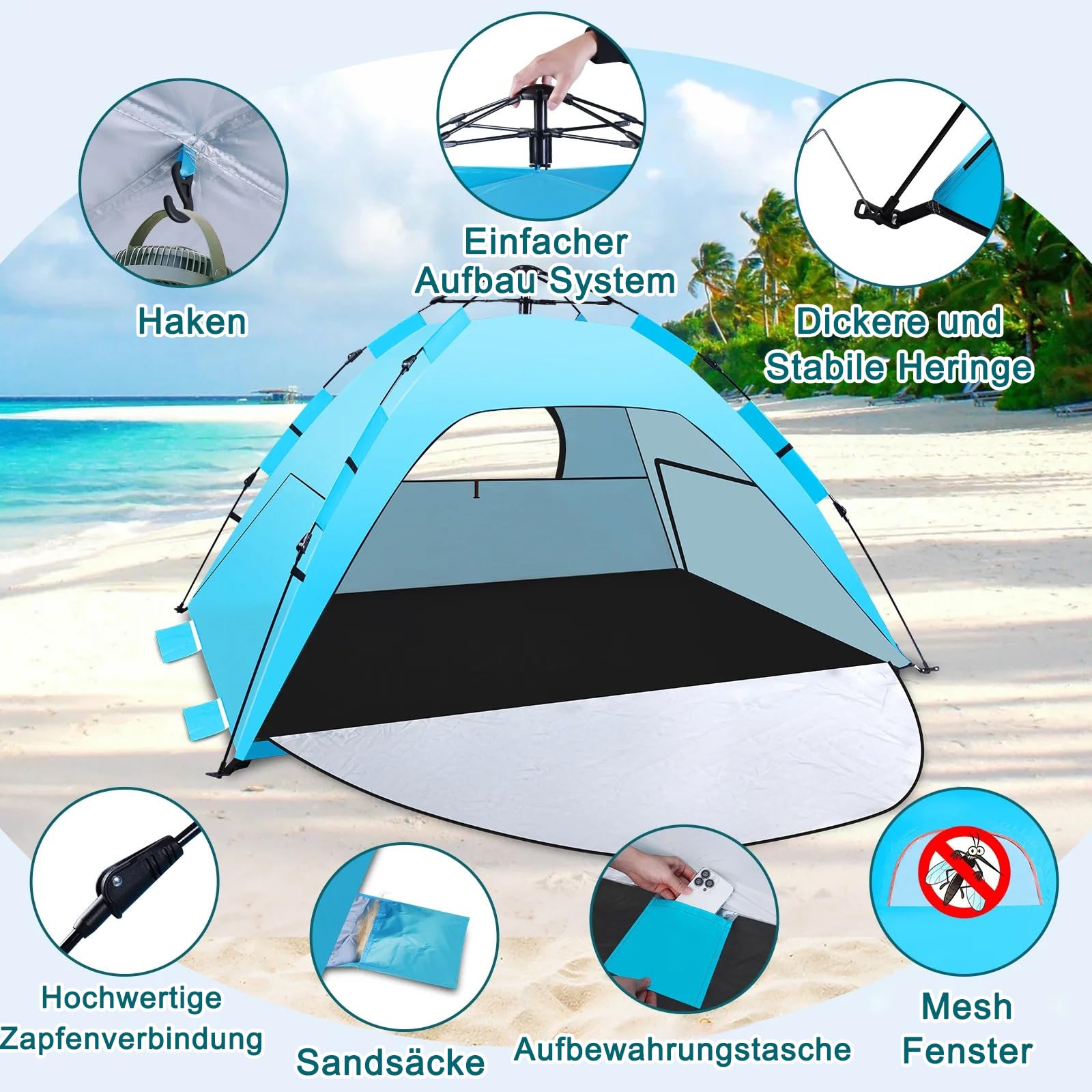 Strandmuschel, Automatisches Instant Pop Up Strandzelt, Leicht, UV-Schutz UPF 50+ Windschutz Strandzelt für Strand, Familie, Garten, Camping, Picknicks