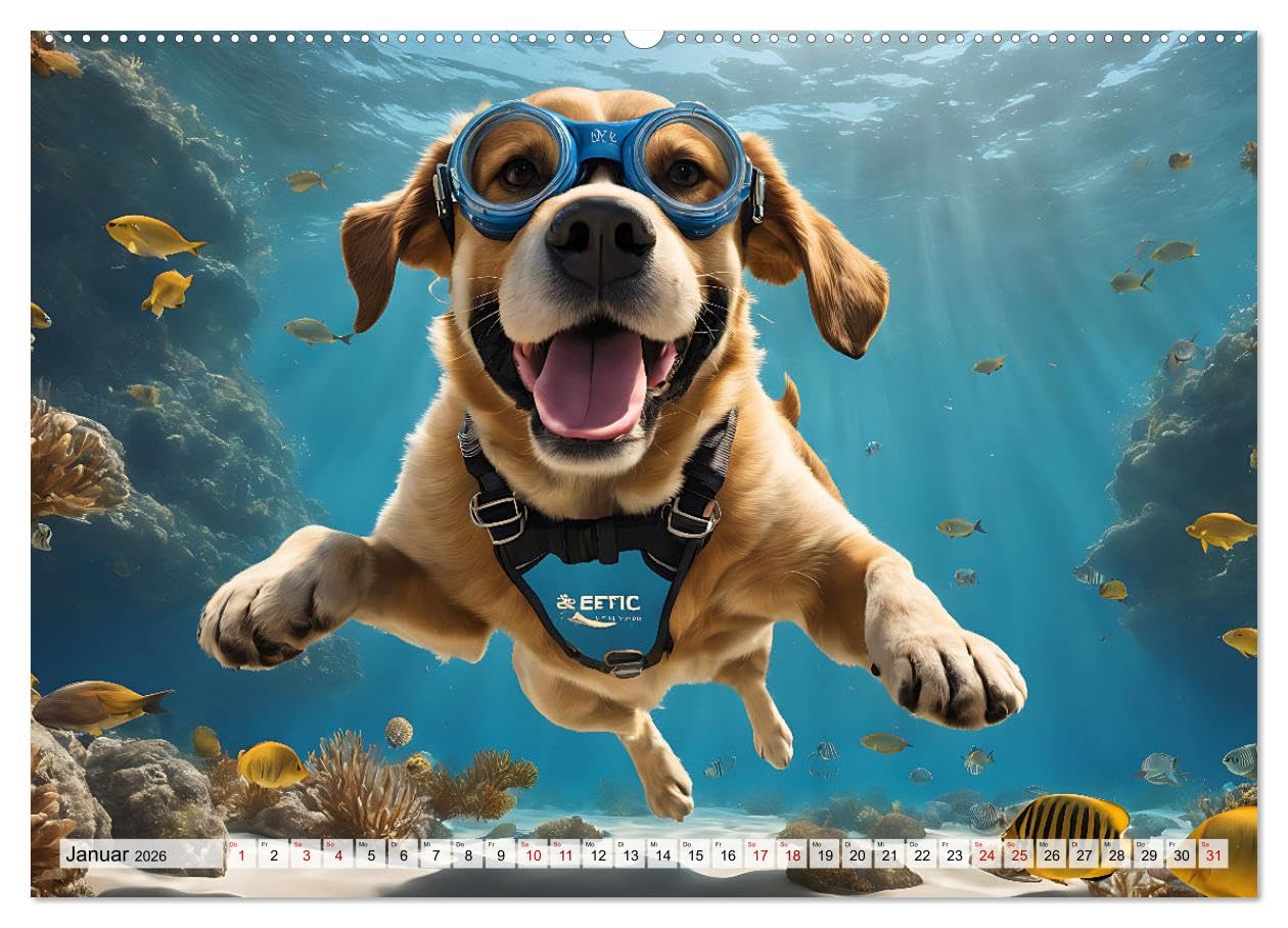 Hunde abgetaucht (Wandkalender 2026 DIN A2 quer), CALVENDO Monatskalender: Amüsante Bilder tauchender Hunde aller Rassen in einer traumhaften Unterwasserwelt (CALVENDO Tiere)