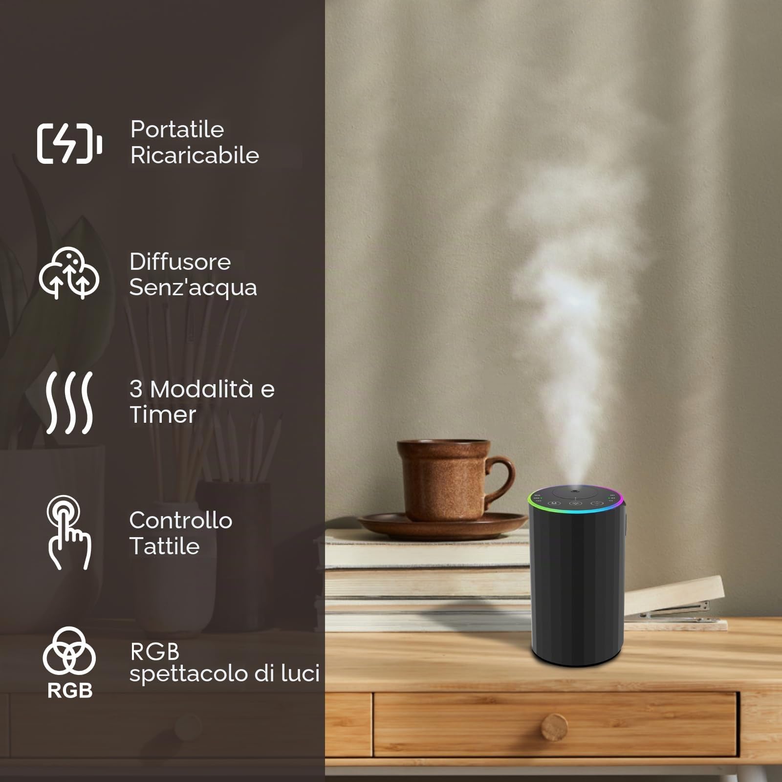 Diffusore senza acqua per oli essenziali per casa, funzionamento a batteria, senza fili, con temporizzazione e 3 livelli di nebbia, auto, camera da letto, ufficio, lega di alluminio nera (Schwarz)
