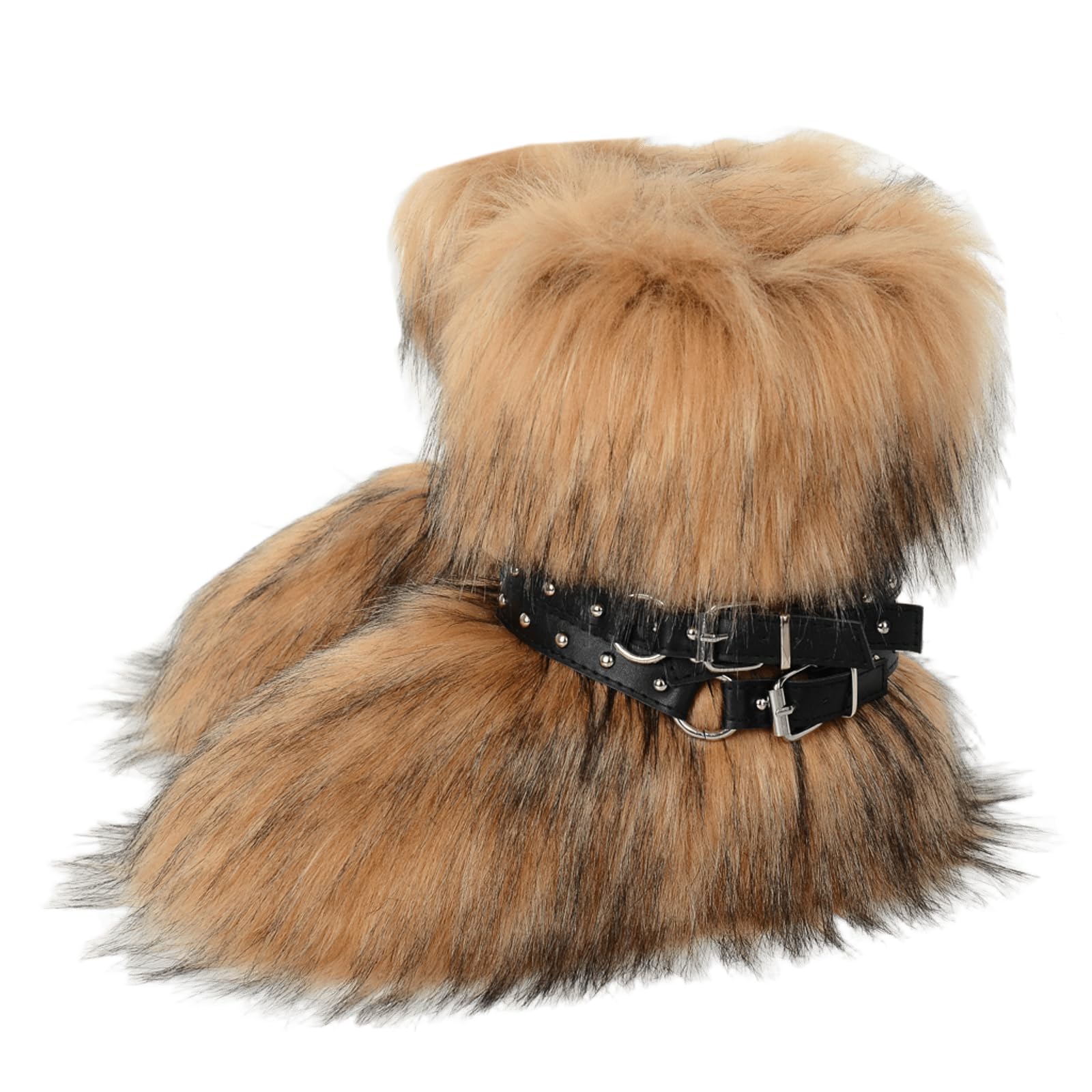 Womens Faux Fur Boots Mid-Calf Furry Snow Boots Winter Warm Studded Punk Buckle Straps High Top Flat Boots