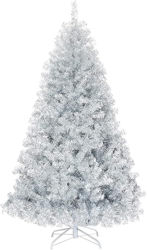 GOFLAME Árbol de Navidad artificial de 6 pies con bisagras con 1036 puntas de rama, árbol de Navidad de oropel plateado con soporte de metal,