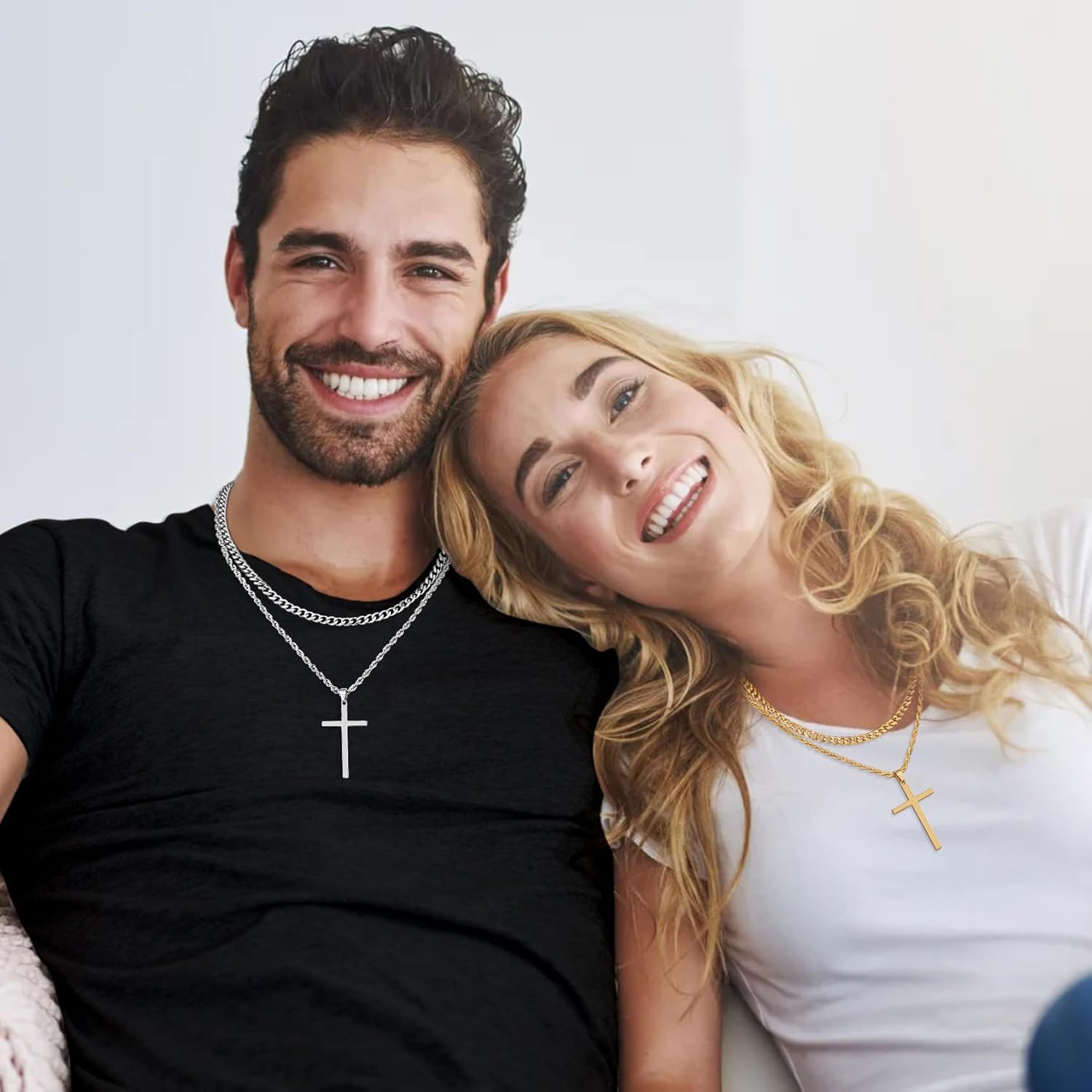 Fiusem Valentines Gifts for Him - 2 Pcs Cross Necklace Chain for Men and Women, Layered Mens Cross Necklaces Stainless Steel Pendant Cuban Link Rope Chain 16-26 Inch, Jewelry Gift - Image 3