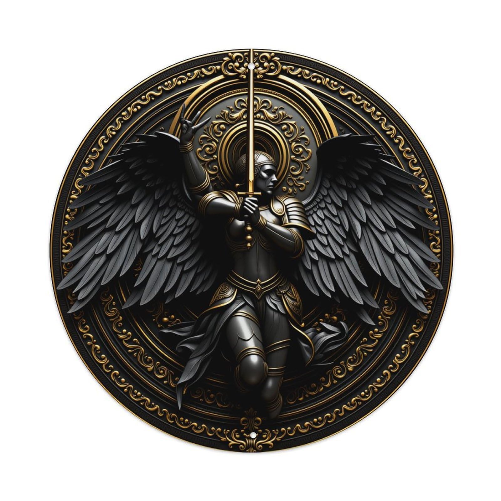 Angelic Warrior With Sword And Wings Round Tin Sign Vintage Style Metal Sign Home Bar Garden Wall Plaque Decor Metal Poster 8x8 Inch
