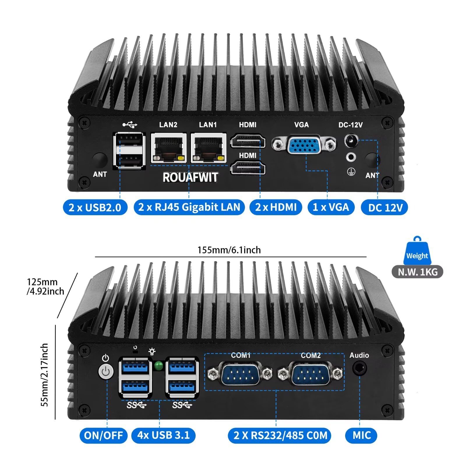 Fanless Mini PC N150, 2X Realtek RJ45 LAN, 2X DB9 RS232 COM, DDR4 16G RAM 256G SSD, 6USB, 2HD+DP Triple Dispaly, MIC, Industrial Grade Mini PC for 24/7 Reliable Operation