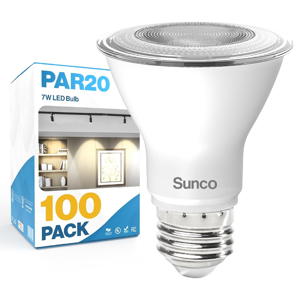 Sunco 100 Pack PAR20 LED Bulbs, Flood Light Bulb Outdoor, 500 LM, 7W (50W