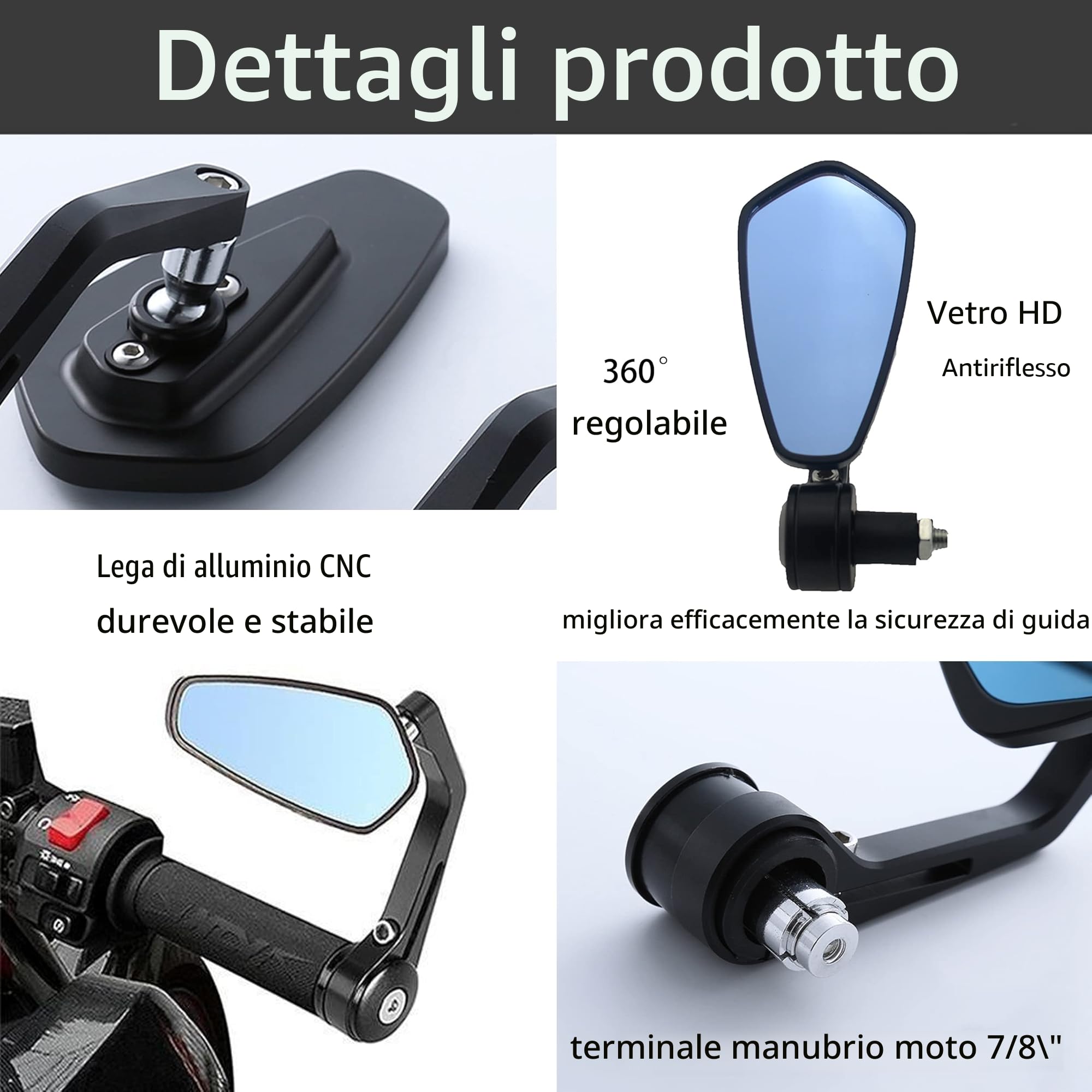 Heart Horse 7/8" 22mm Specchietti Moto, Anti-Glare Specchietto Moto Manubrio Specchietti Bar End Laterale Specchietti per Bici Scooter Yamaha Pit bike Kawasaki Z750 Z1000