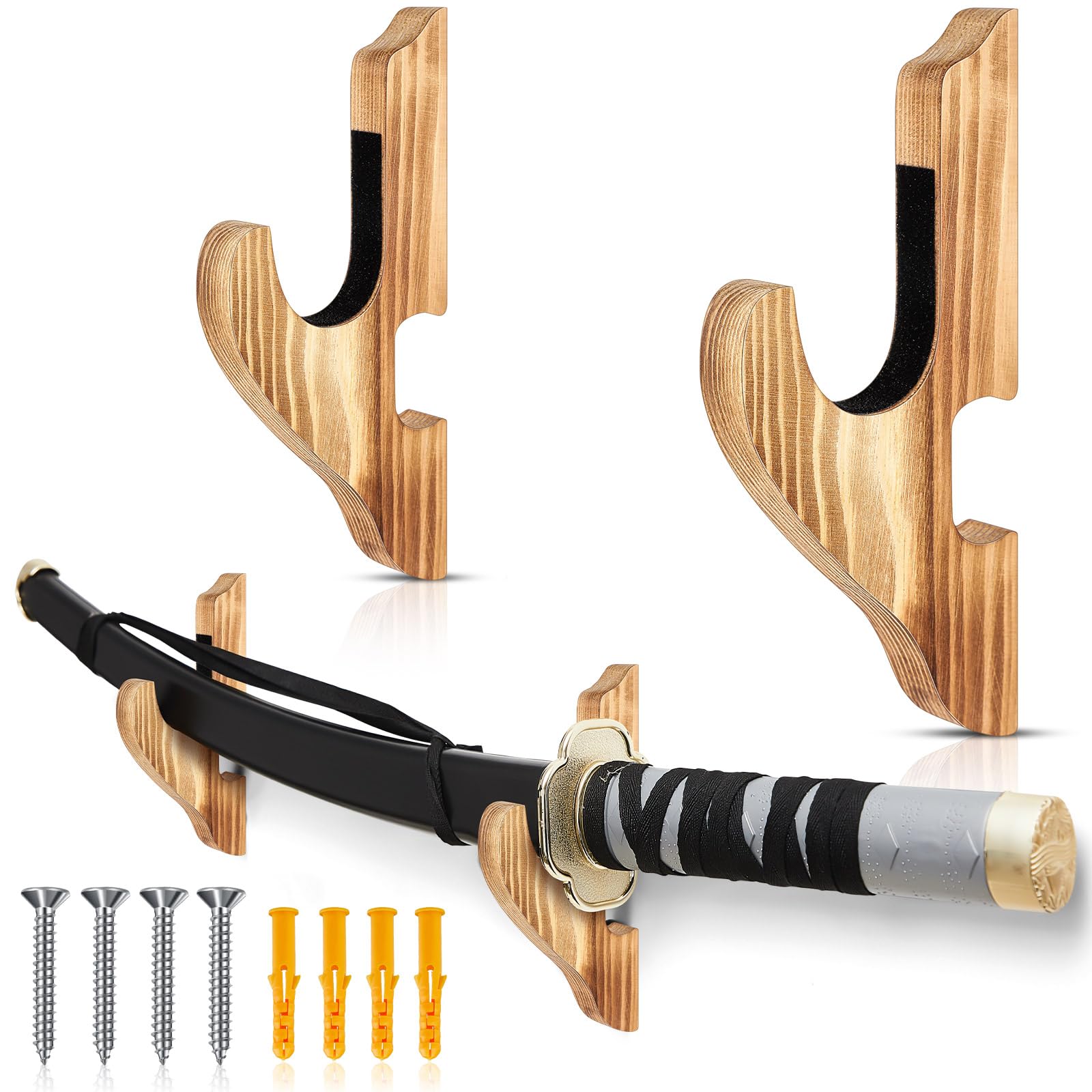 Chunful 2 Pcs Sword Katana Wall Mount Samurai Wall Mounts, 1-tier, Burnt