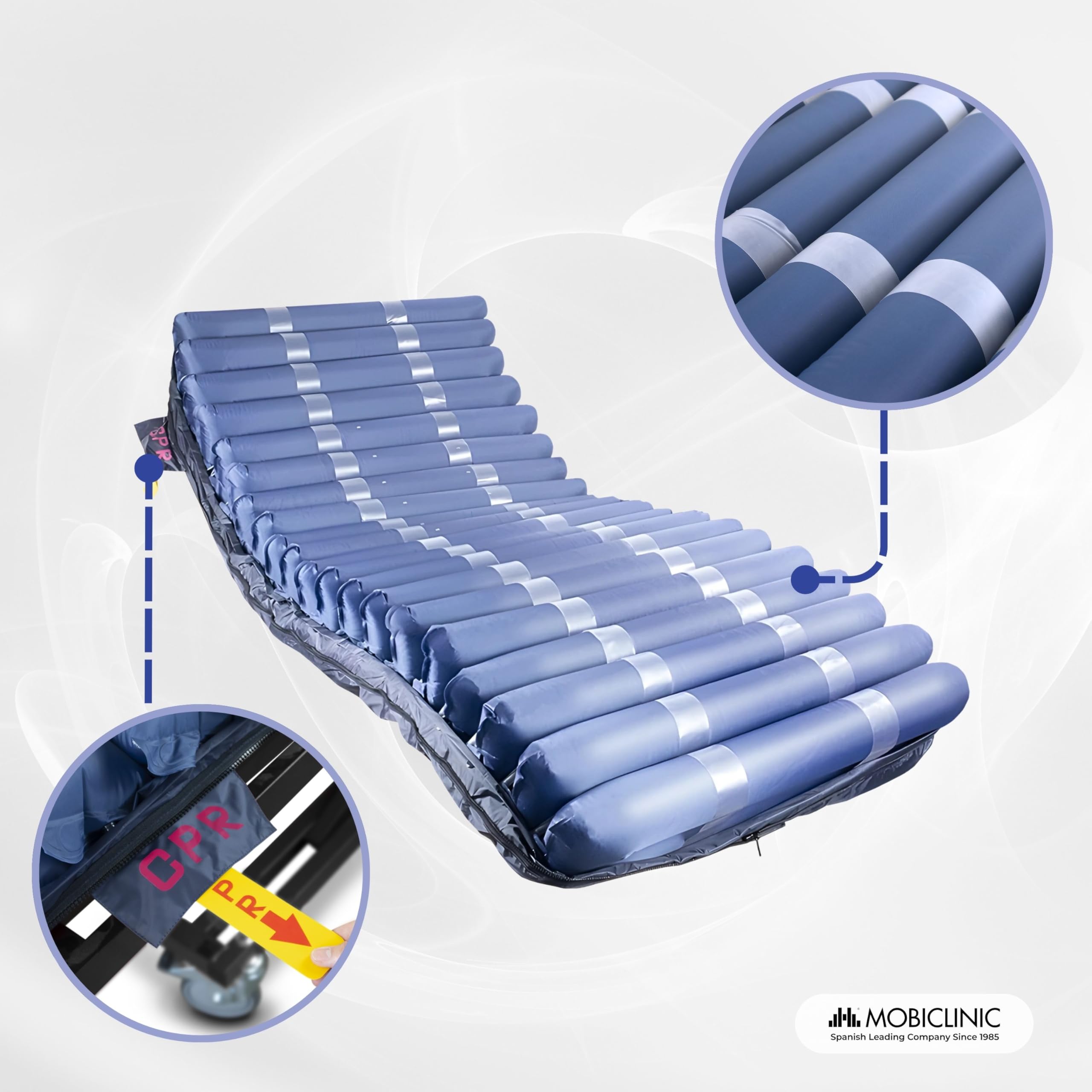 Mobiclinic® pro, Materasso antidecubito ad aria alternata, 200x120x22, Mobi 4 plus, Larghezza 120cm, Con compressore silenzioso, Tpu nylon, 20 celle d'aria, Per piaghe di i, Ii, Iii, Iv grado, Blu