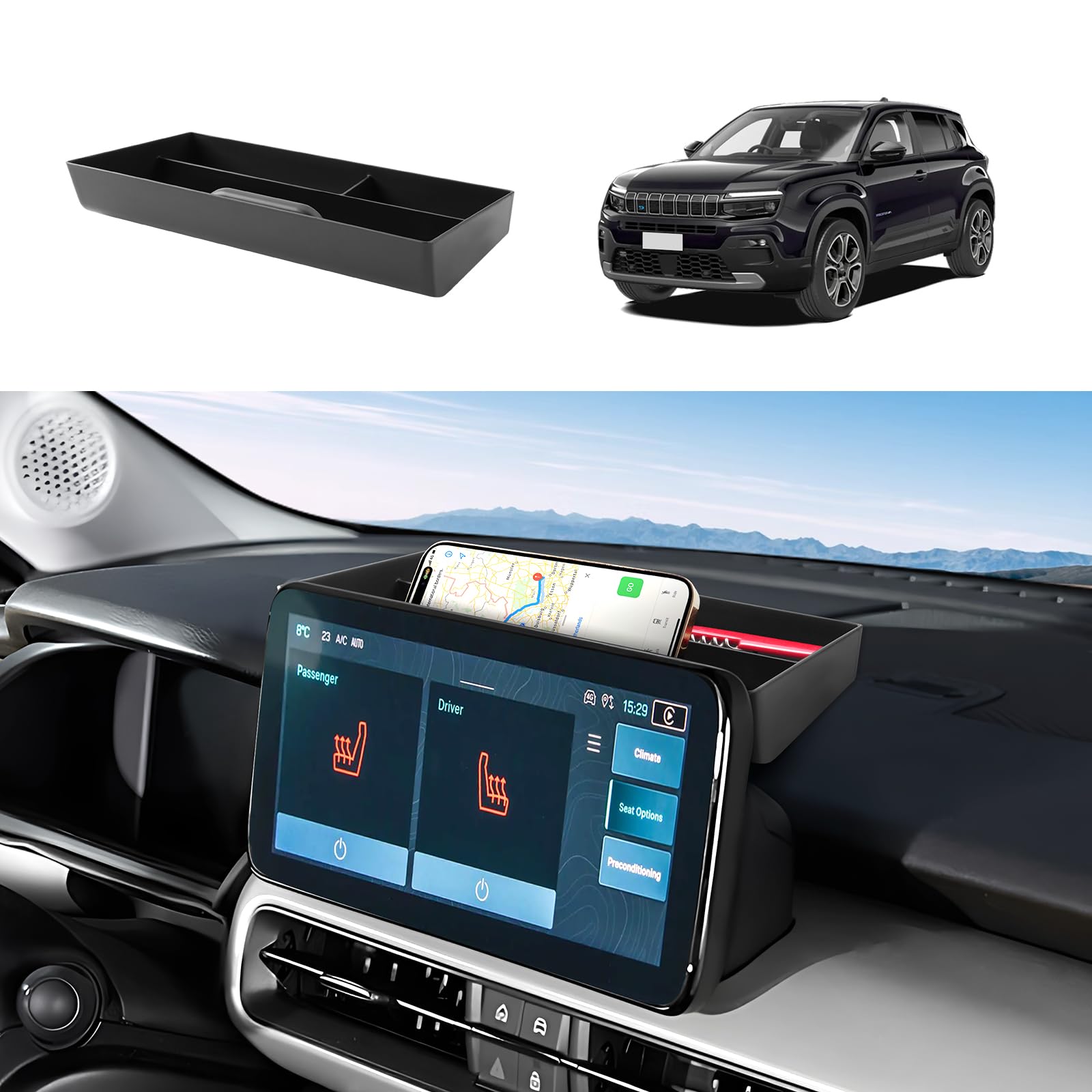 Vano Portaoggetti del Cruscotto Centrale Compatibile con Jeep Avenger 2023-2025, Console Centrale Portaoggetti, Avenger Organizer per Console Centrale con Tappetino Antiscivolo (Nero)