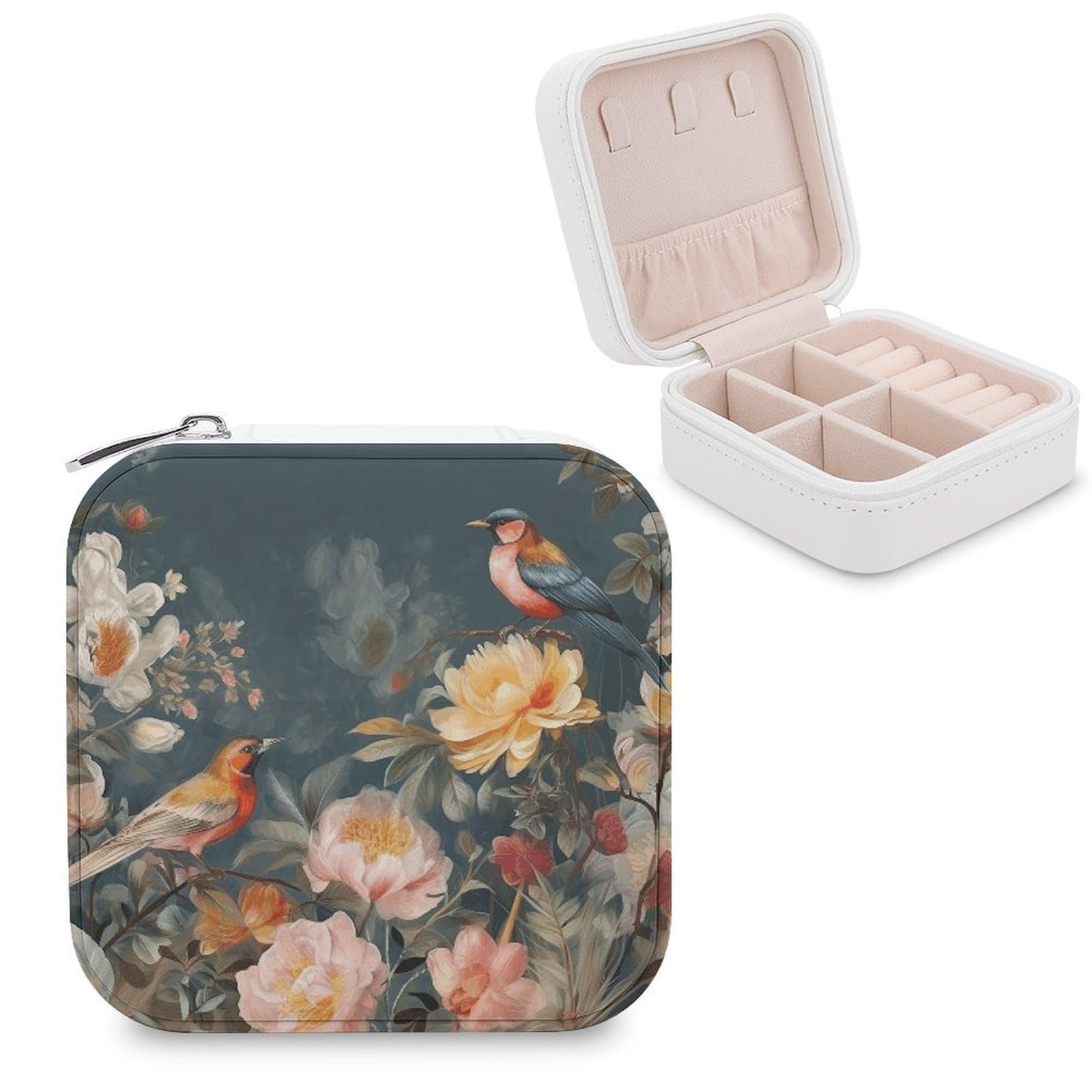 VstaDank Flowers Birds Jewelry Box Exquisite Leather Jewelry Organizer Portable Trinket Organizer Fashion Travel Jewelry Case for Rings Earrings Necklaces Unique Gifts for Women