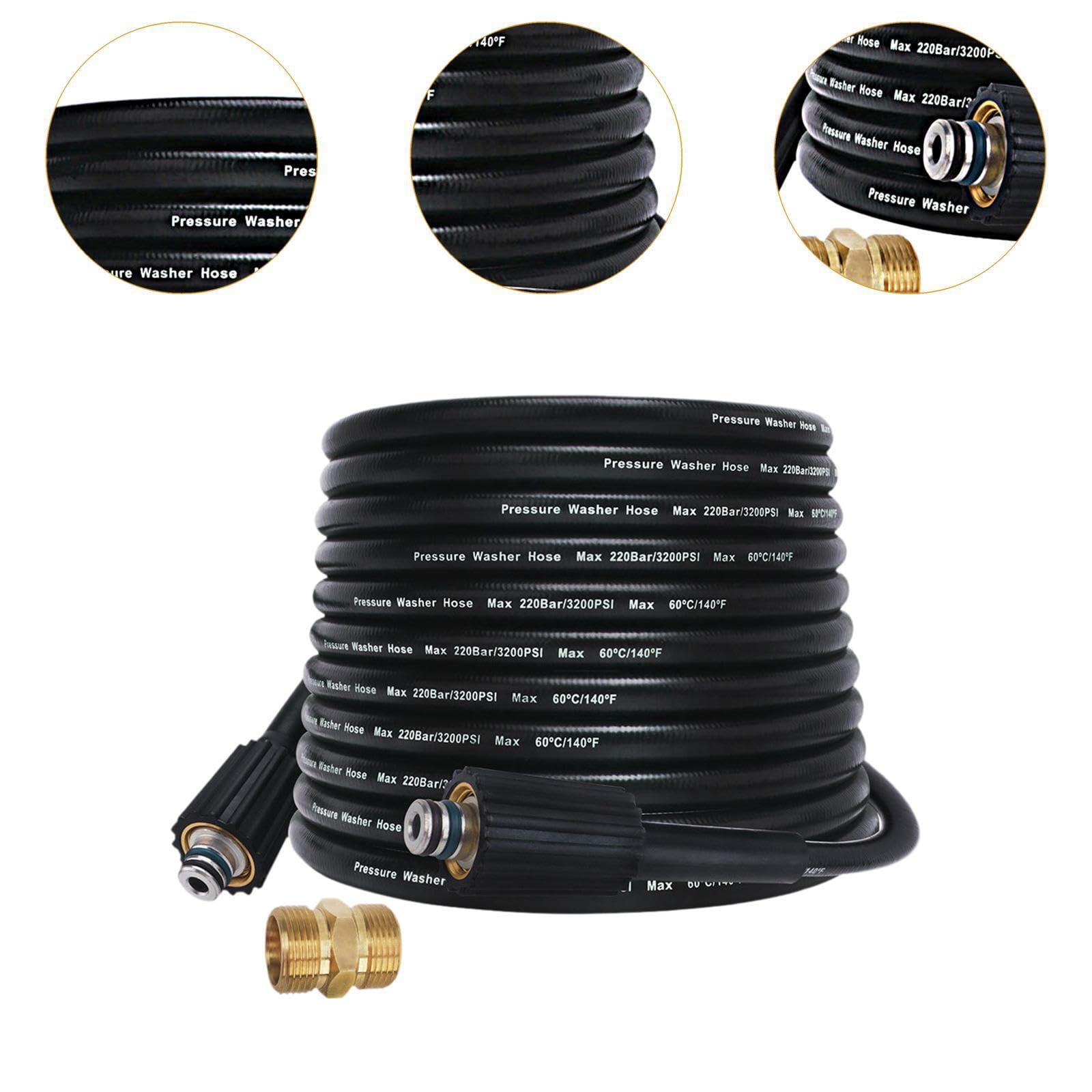 Manguera para hidrolavadora de 3200 PSI con Conector rápido de Rosca Hembra M22 Incluido. La Manguera y el acoplador de extensión están Fabricados, 15m