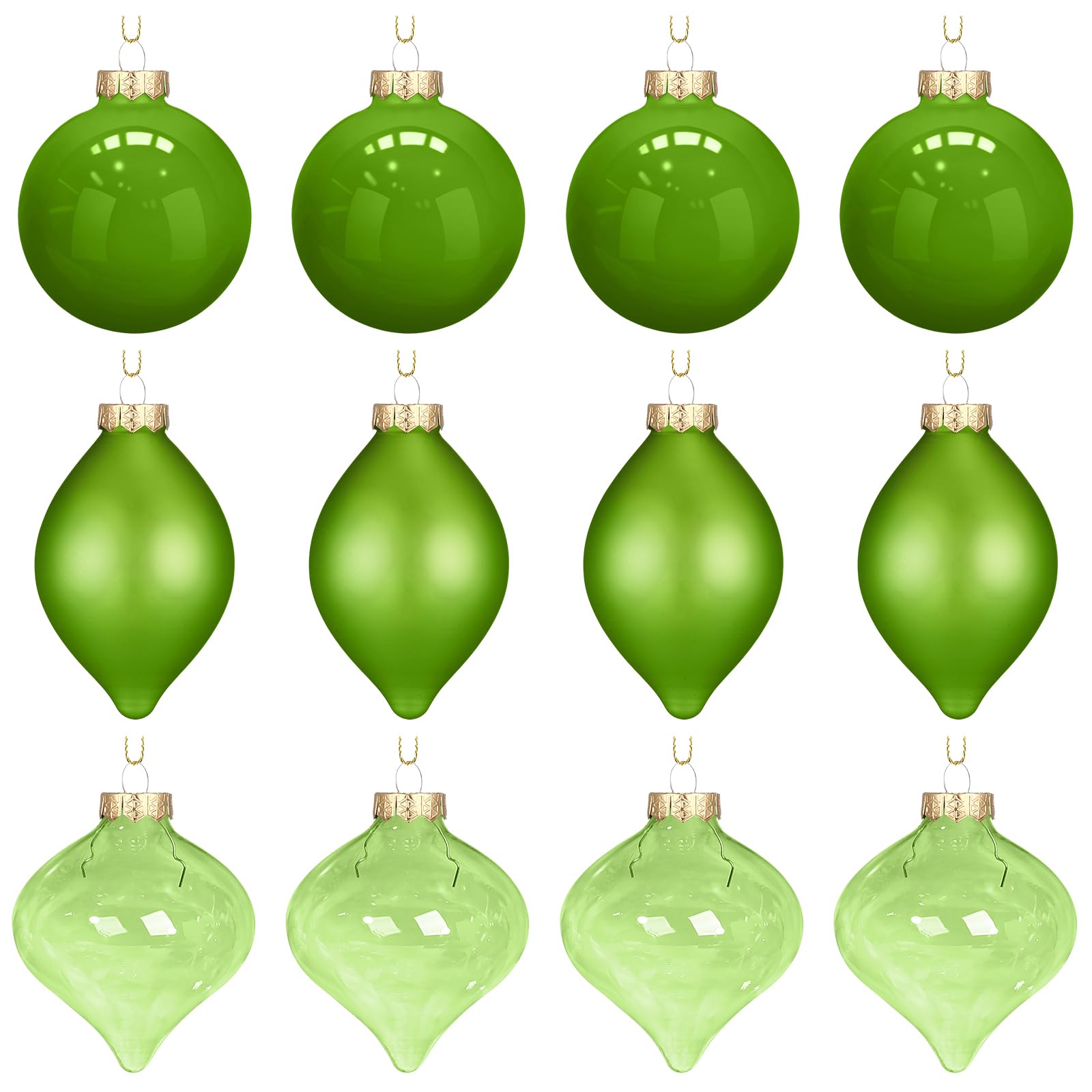 Zomiboo Lot de 12 boules de Noël en verre vert citron 8 cm | 3 styles d'ampoules en verre incassables à suspendre, ampoules légères en verre, pour décorations d'arbre de Noël, cadeaux