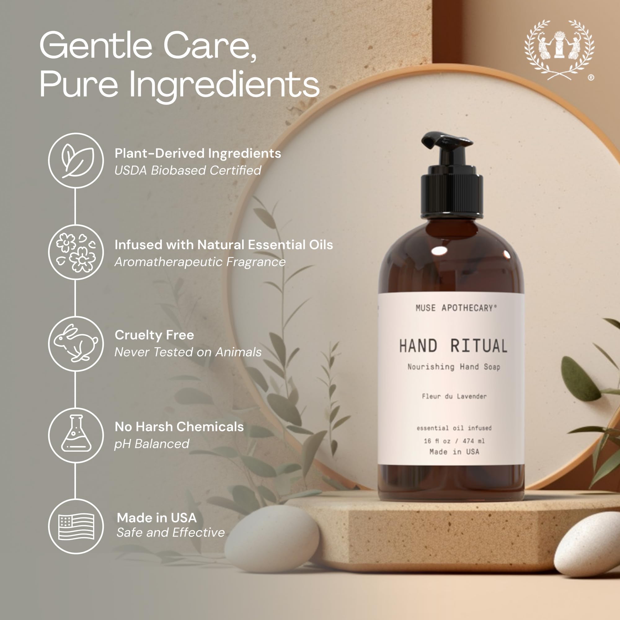 Muse Apothecary Handseife, aromatisch und pflegend, mit natürlichen ätherischen Ölen für Aromatherapie, zertifiziert durch die Verwendung als biobasiertes Produkt, 473 ml, Kokosnuss und Sandelholz.