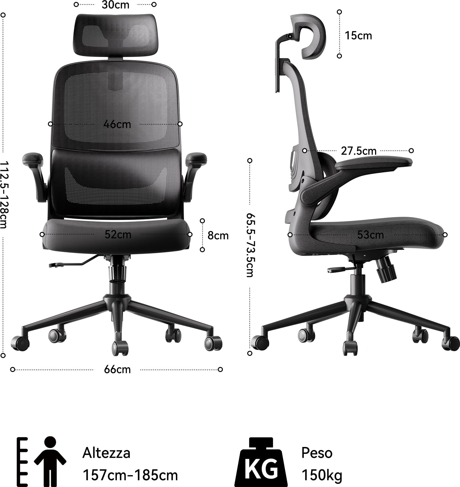 Hbada P1 Sedia Ufficio e Scrivania Ergonomica, con Supporto Lombare 2D Regolabile e Testiera Regolabile, Braccioli Ribaltabili e Cuscino Spesso, Oscillazione 12°, Mesh, Nero