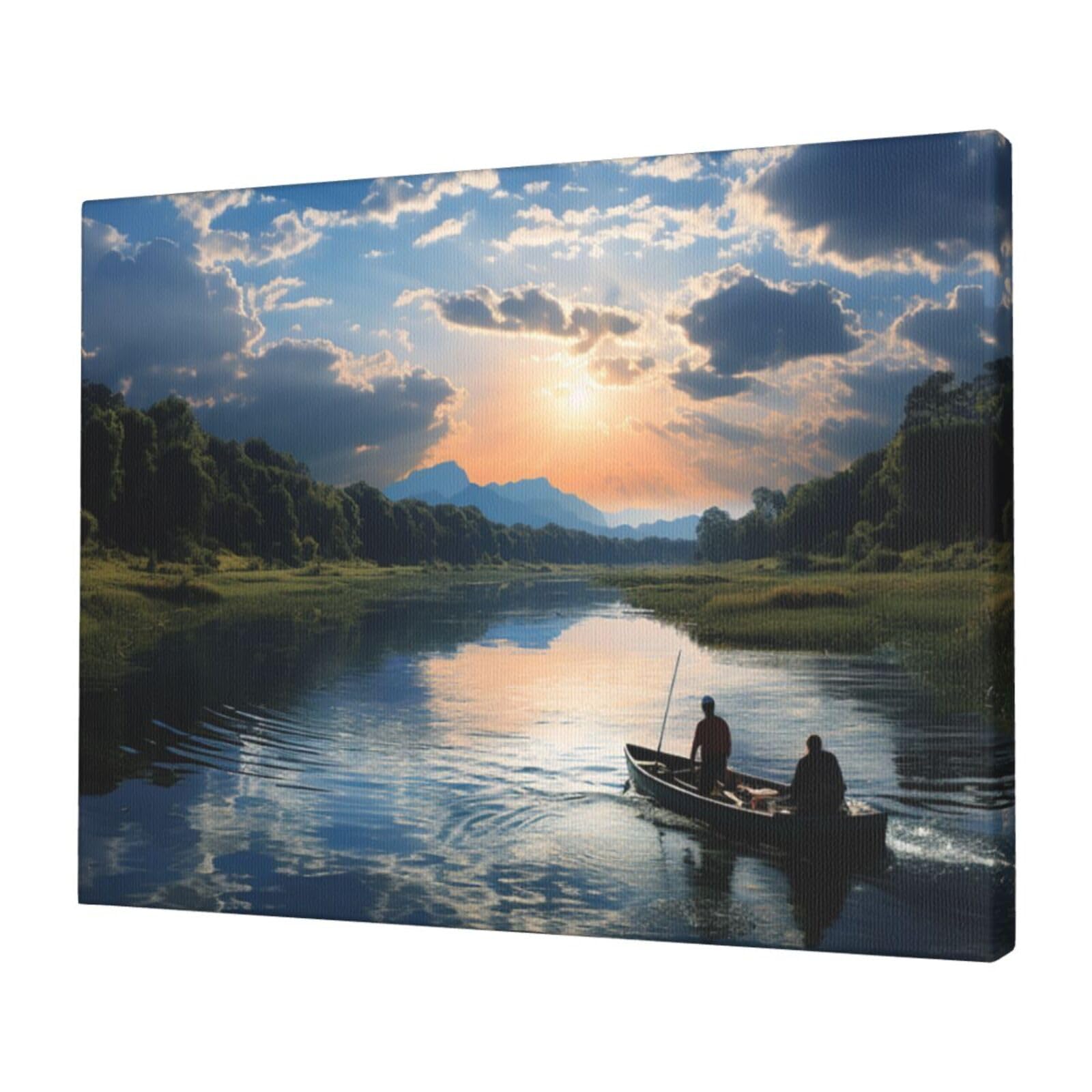 KLOPH Fishing Scenic Canvas Wall Art for Living Room 12"x16" Modern Artwork Painting for Bathroom Hanging Canvas Prints Aesthetic Wallart for Bedroom Kitchen Office Wall Decor