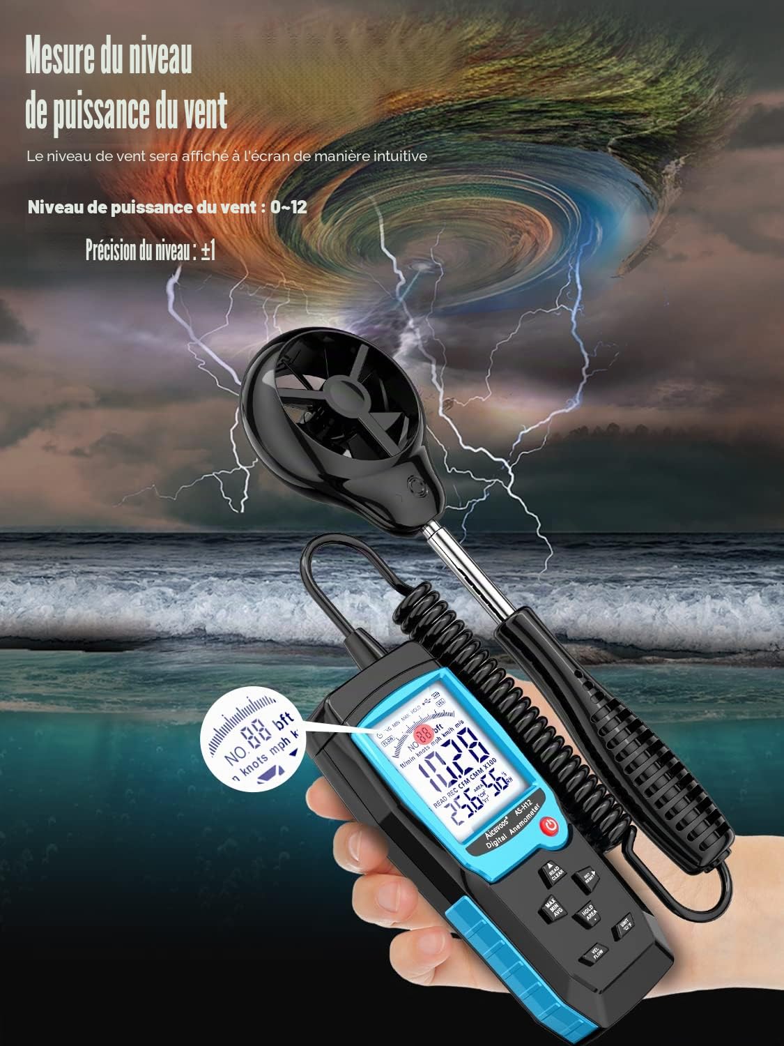 Anémomètre Numérique Portable Avec Capteur de Vent étendu, Mesure la Vitesse du Vent, la Température et l'humidité, la Vitesse du Flux d'air CFM avec Grand écran LCD Rétroéclairé