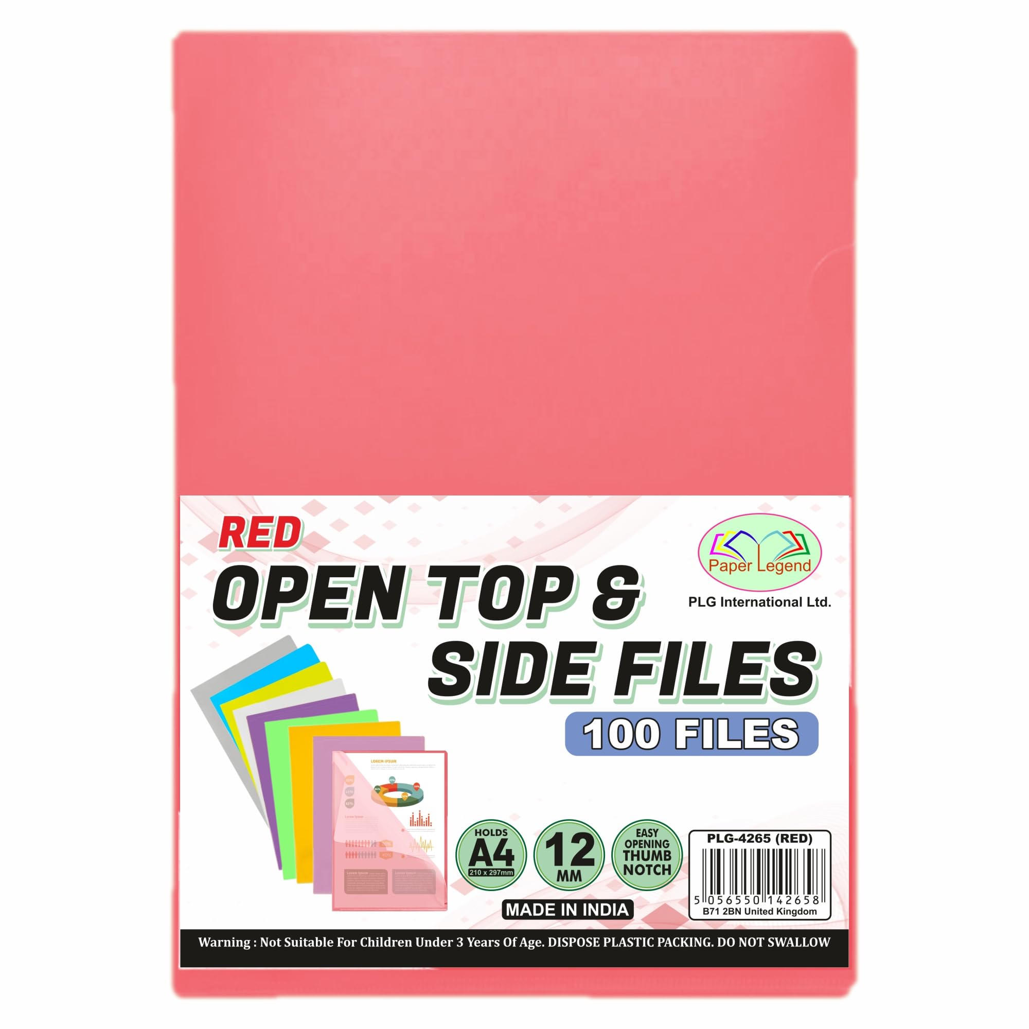 (100 Pcs) A4 Cut Flush - Open Top & Side Files L Type Folder to Protect Files 12mm Transparent Plastic Wallet Sleeves Gloss & Plain Project Presentation Cover Thumb Notch for Paper Storage (Red)