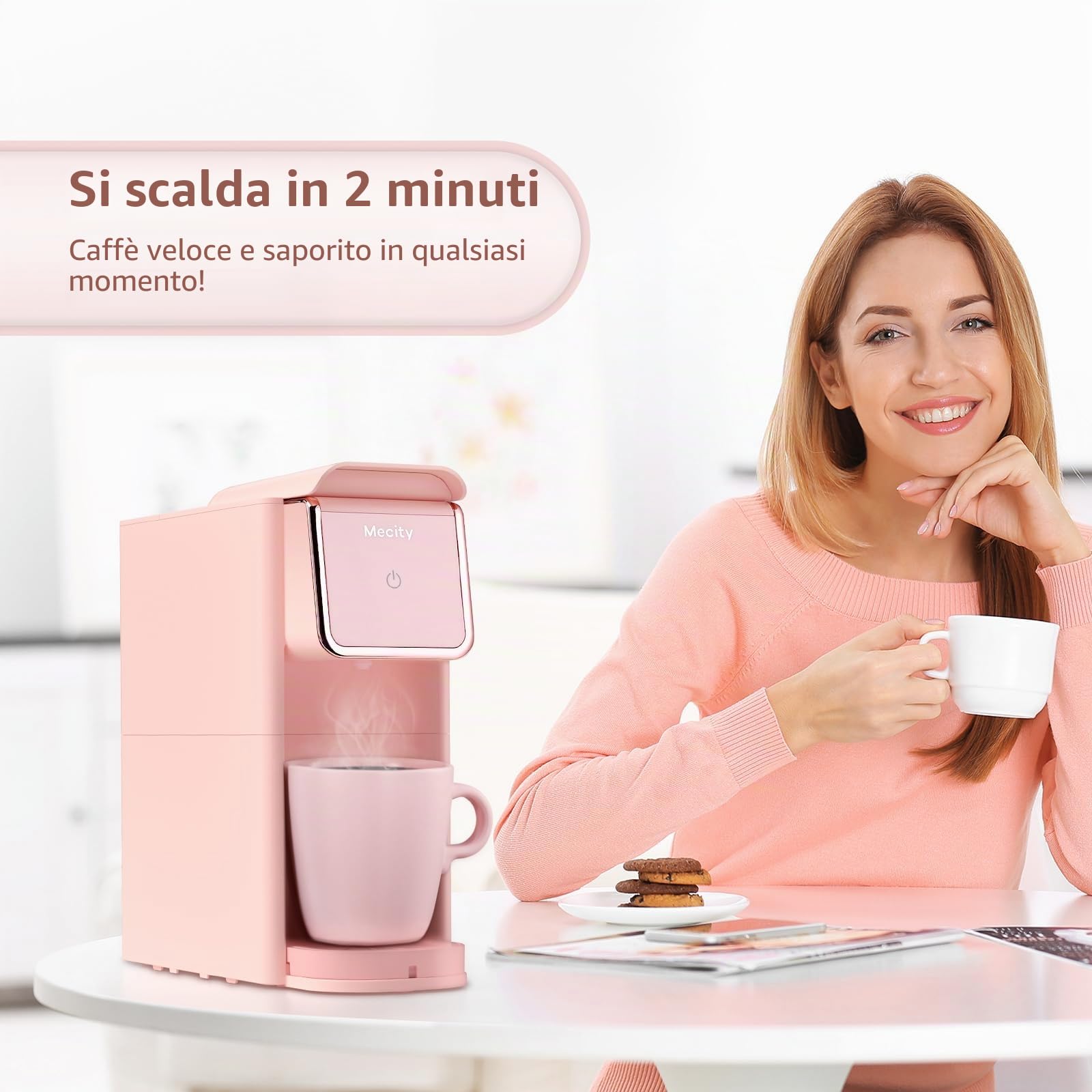 Mecity - Macchina da caffè piccola compatibile con capsula K-CP, caffè macinato, tè sfuso, design compatto per uso domestico, camper, appartamento, spegnimento automatico, 120 V, 1000 W, colore rosa