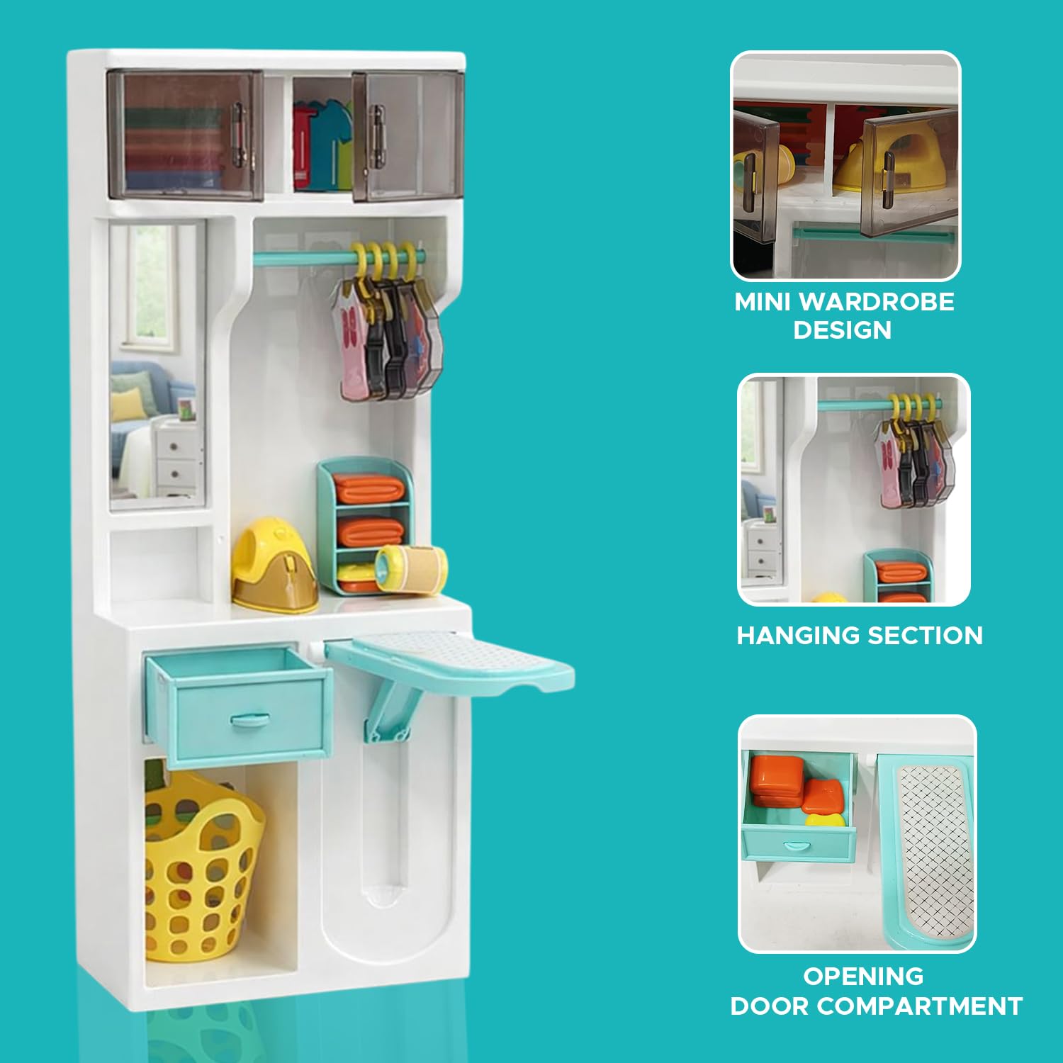 NHR Kids Toy Wardrobe and Laundry Pretend Playset – Mini Closet Storage Organizer, Iron, Hangers, Laundry Basket & Accessories – Pretend Play Dollhouse Furniture Gift for Kids Aged 3+ 1