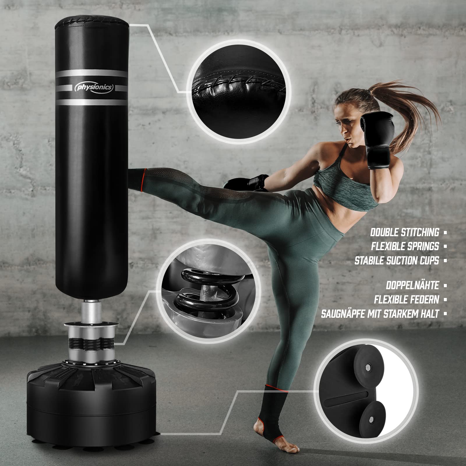 Physionics® Sac de Frappe sur Pied - Autoportant, Résistant à Déchirure, Ressorts Flexibles, Ventouses, Base Remplie d'eau/Sable - Sac de Sport, Muay Thai, MMA, Entrainement Boxe, Boxing Bag