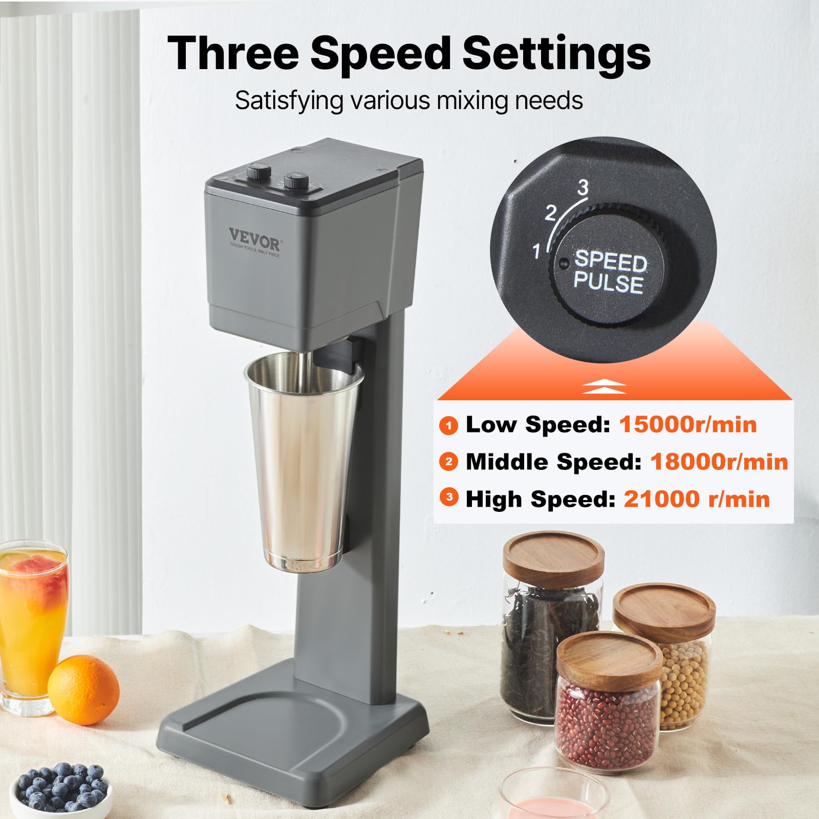 VEVOR Frullatore per Frappè Elettrica, 250W Frullino per Bevande Miscelatore Milkshake con Tazza in Acciaio Inox 304 Velocità Regolabile 15000 18000 21000 RPM Uso Commerciale e Domestico Rumore Basso