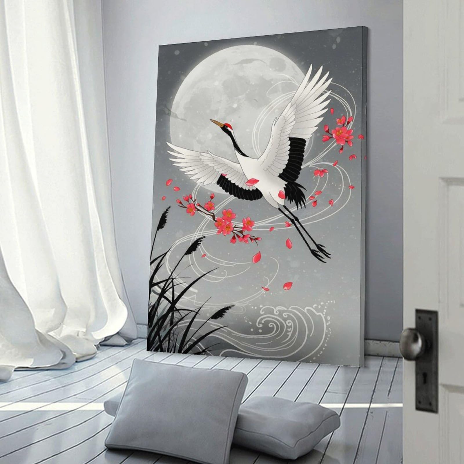 Junmoney Canvas Art Print Crane in Flight with Cherry Blossoms, 24x36inch(60x90cm), for Office, Study Or Home Workspace, Home Office Artwork with Decorative Appeal