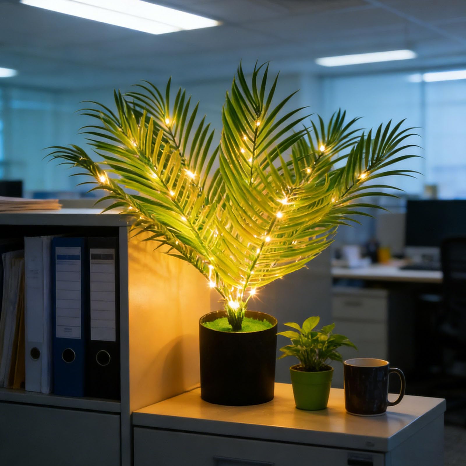 wpdash Feather Leaf Areca Palm Night Light Simulation Palm Potted Plant with LED Light USB Plug Suitable for Balcony Leisure Area Bar Office Restaurant Desktop Decoration — image 1