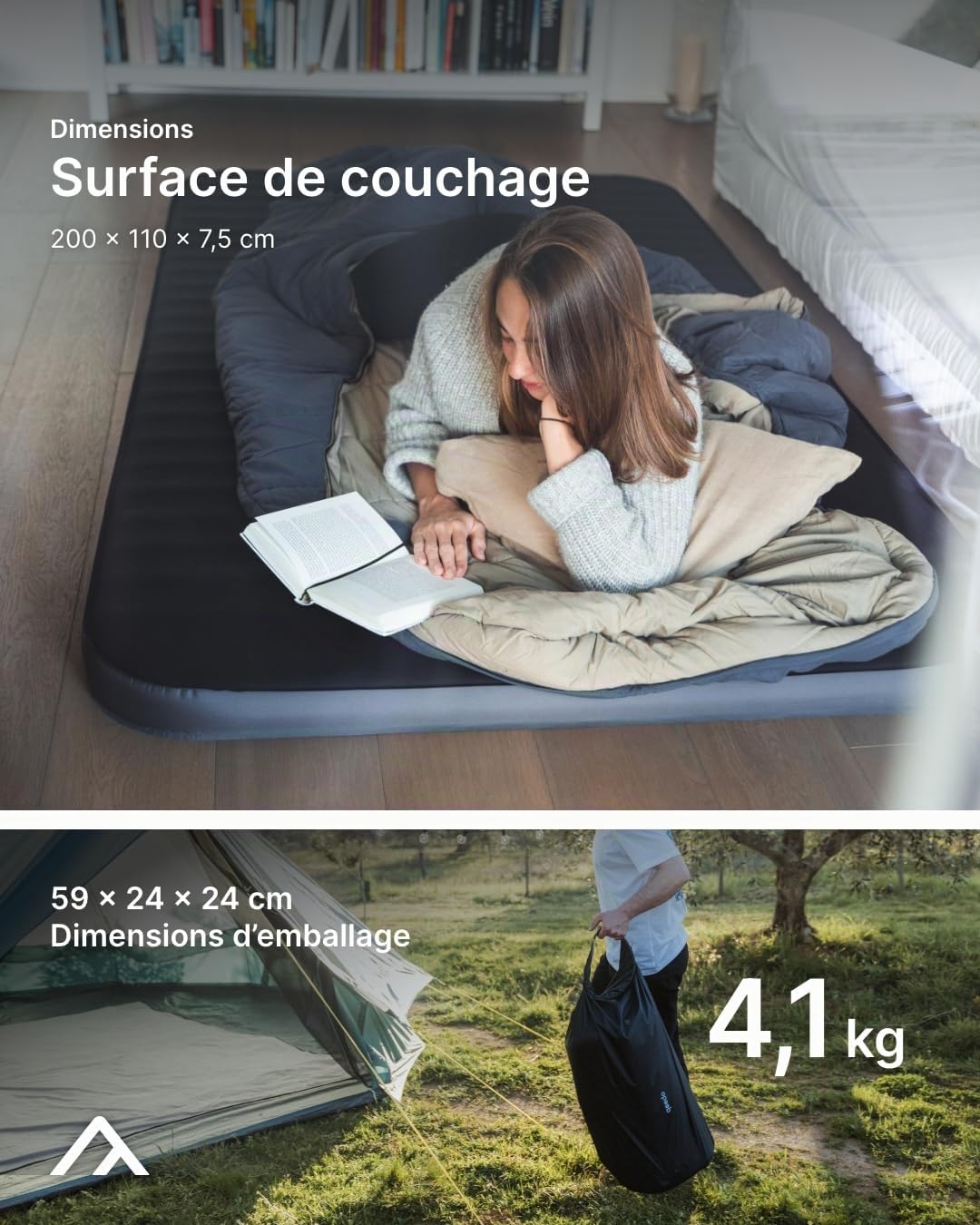 qeedo Cloudmat Double M - Matelas de Camping Gonflable/autogonflant pour 2 Personnes,Compact et léger,imperméable et résistant au Froid,Stable et Robuste, transportable - 200 x 110 x 7,5 cm - 4,1 kg