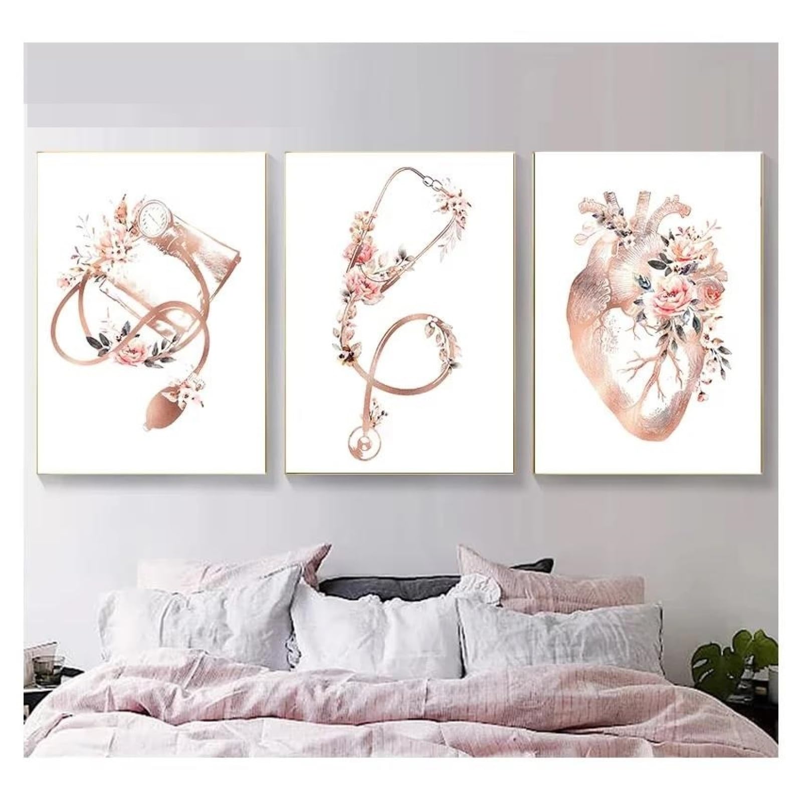 Baibexing Abstract Cardiologist Heart Stethoscope Flower Medical Canvas Painting Posters Prints Wall Art Picture Clinic Wall Decor 60X80Cmx3Pcs Unframed