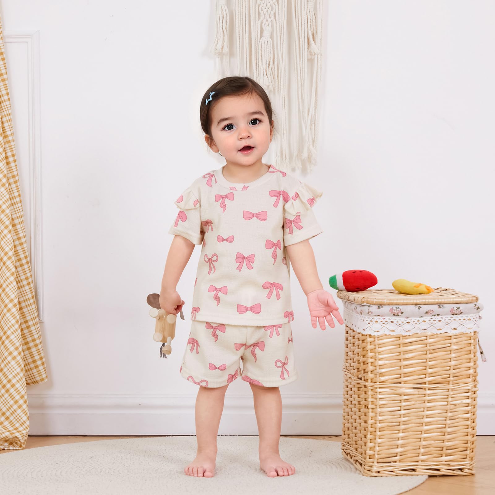 NZNDSHD Toddler Baby Girl Clothes Summer Bow Print Short Sleeve T-Shirt Tops Pockets Shorts Set Waffle Knit Outfit (Beige, 3-4T)