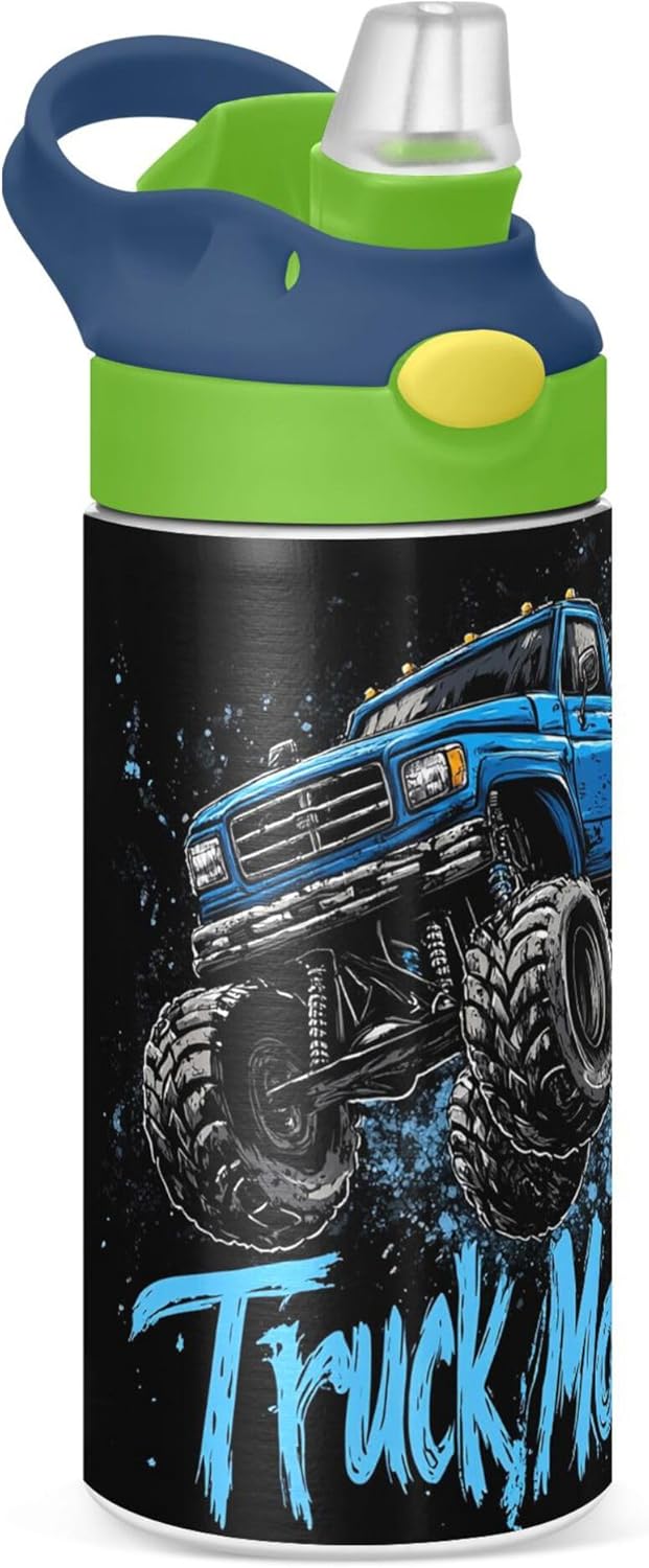 Monster Truck Black Kids Water Bottle with Straw and Carry Handle Racing Car Vacuum Insulated Stainless Steel Bottles 12 oz Green Lid Leak-Proof for Boys Girls Toddler 4-8 Years Old - Image 2