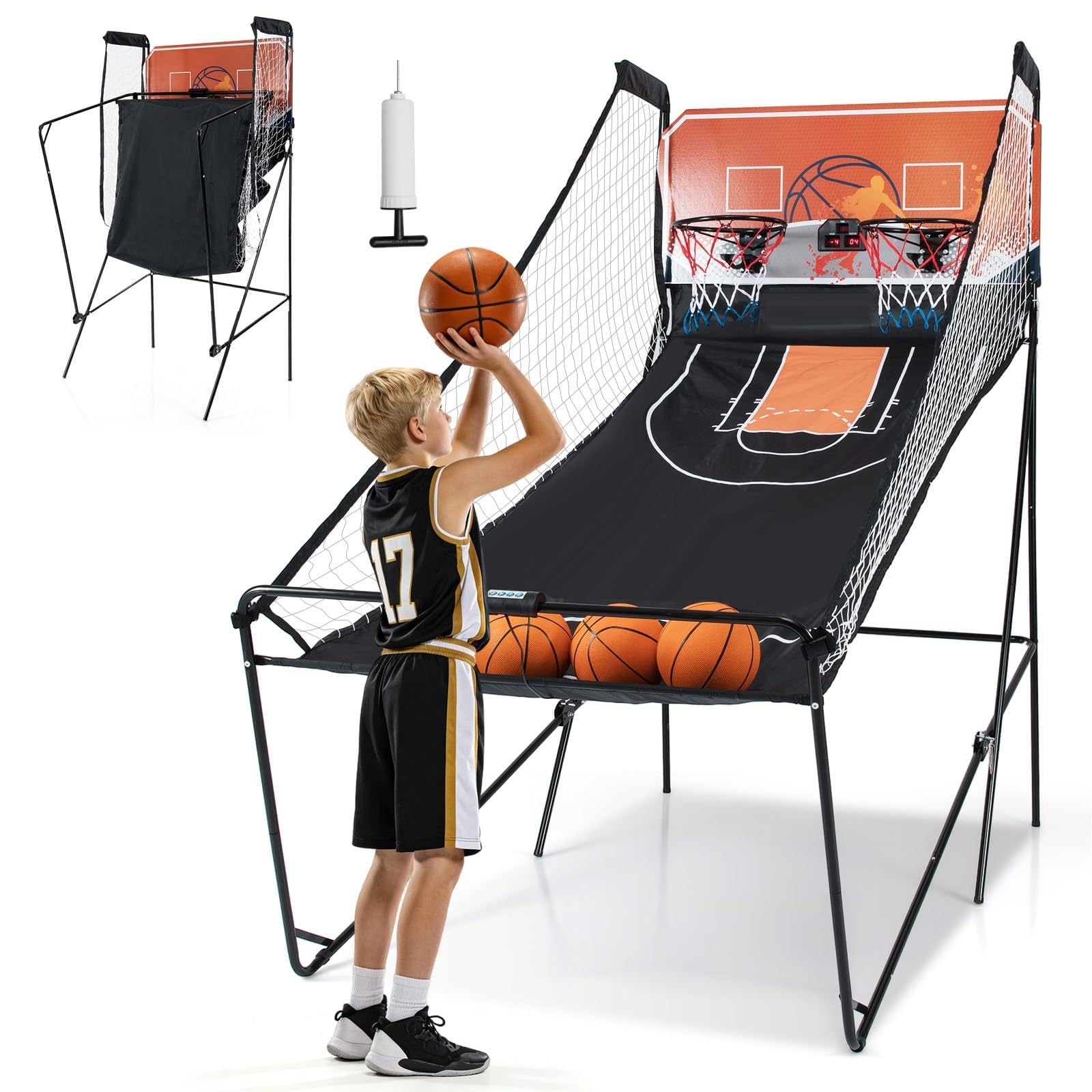 GYMAX Foldable Basketball Arcade Game, Basketball Game set with 8 Game Modes, 4 Balls, Voice Prompt, Double Hoops and Scorer, Indoor Outdoor Basketball Hoop for Kids and Adults