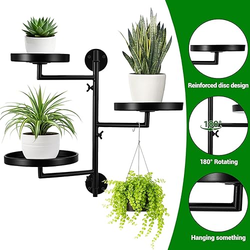 Miniatura 4 de Soporte de metal giratorio de 3 niveles, soportes florales para plantas de pared, estantes de pared para plantas de interior y exterior, estante de