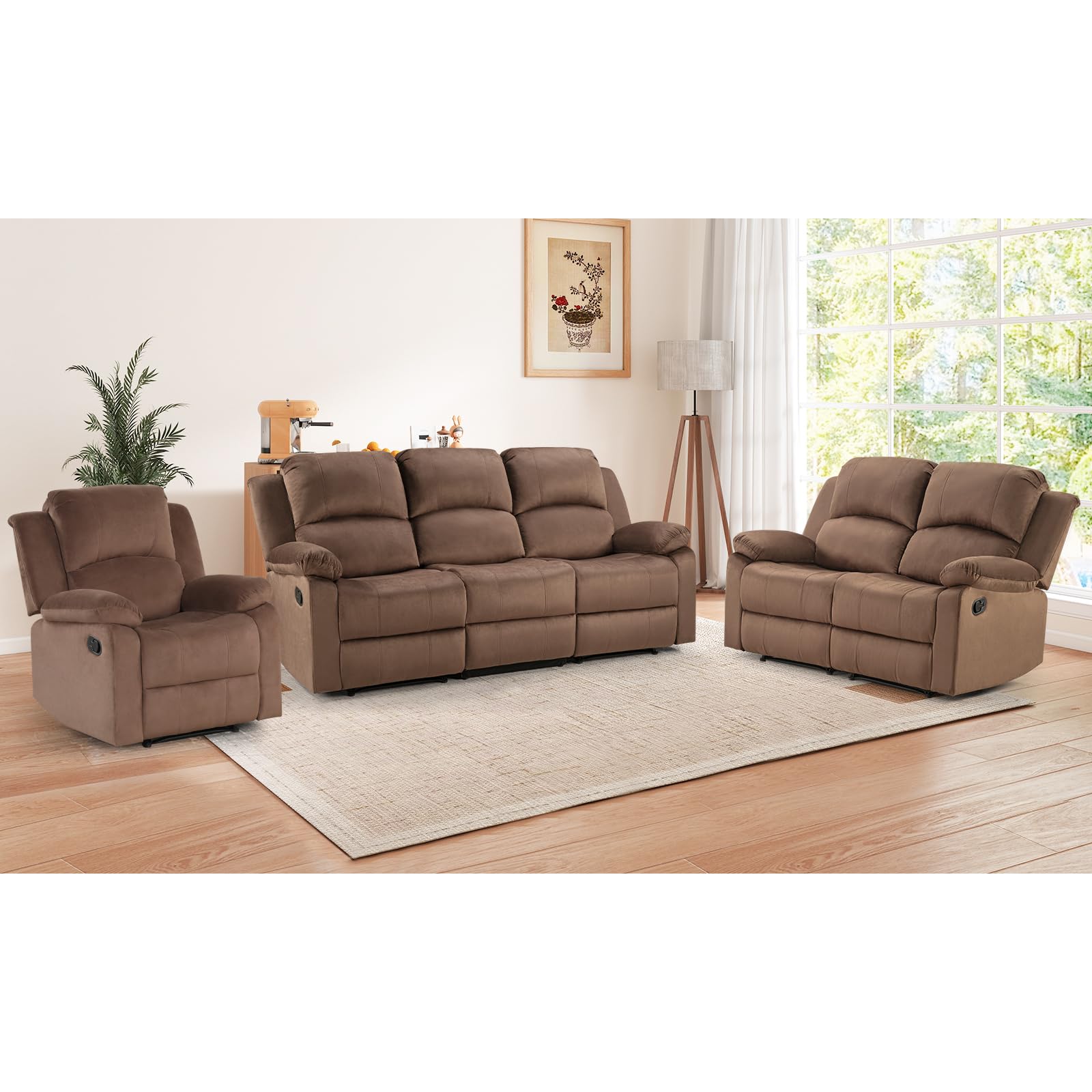 EBELLO Manual Recliner Sofa Set, Microfiber Reclining Couch Furniture Set for Living Room, Includes 1 Recliner Chair, 1 Loveseat Sofa and 1 3-Seater Reclining Couch, Brown