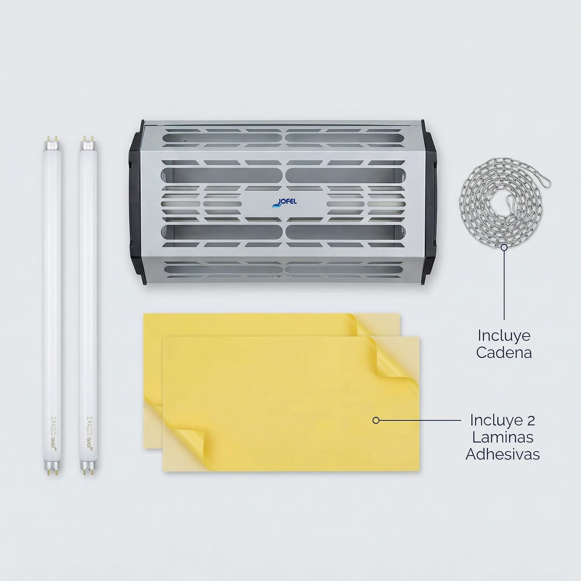 Jofel – AJ70000, Exterminador de insectos mediante láminas adhesivas, de 2 tubos de luz LED UV, para atraer insectos, potencia: 2x15 W (2 tubos)