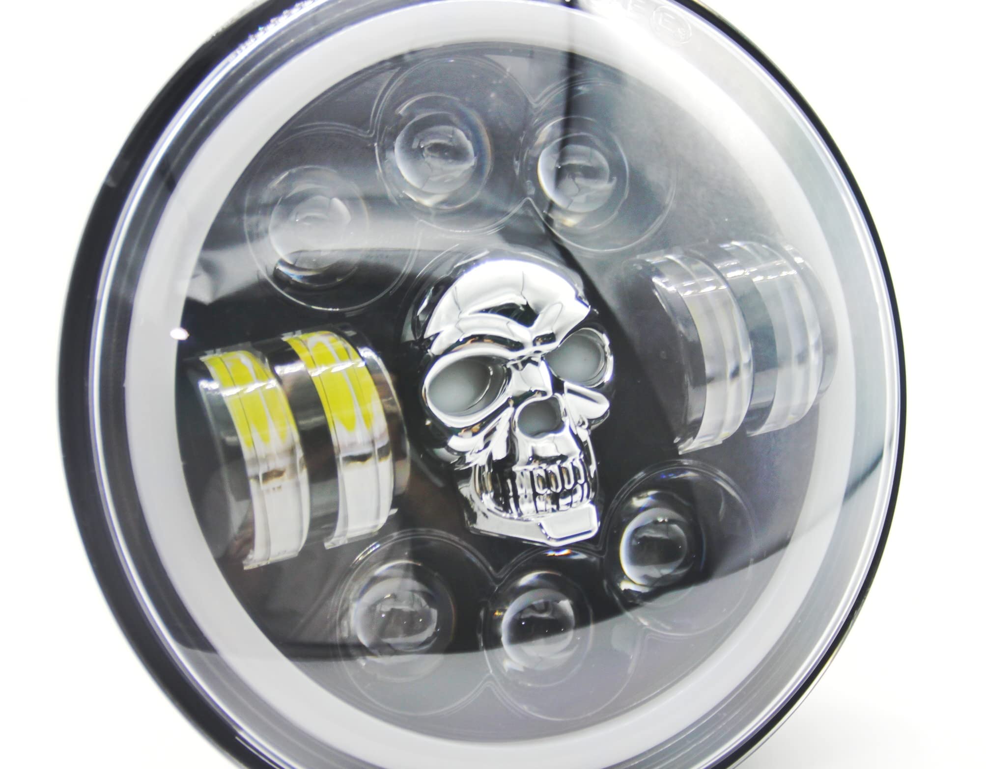 7 Inch Full Ring Round White LED Skull Designed Headlight with Hi/Low Beam with Angel Eye Lamp Compatible with Bullet, Harley Davidson Jeep Wrangler (75W, Pack of 1)