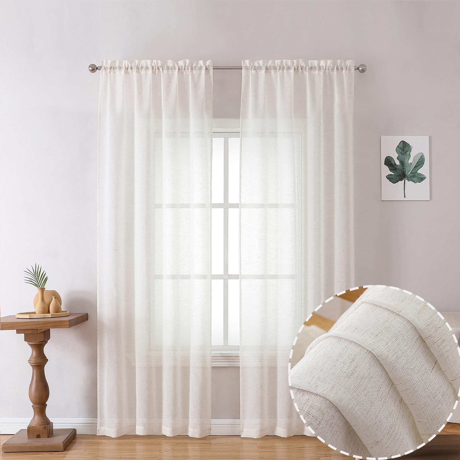 OWENIE Linen Blend Sheer Curtains 84 inches Long 2 Panels Set for Bedroom, Natural Linen Light Filtering Semi Sheer Cutain for Living Room Rod Pocket Drapes, 2pcs, Each 40 W x 84 L