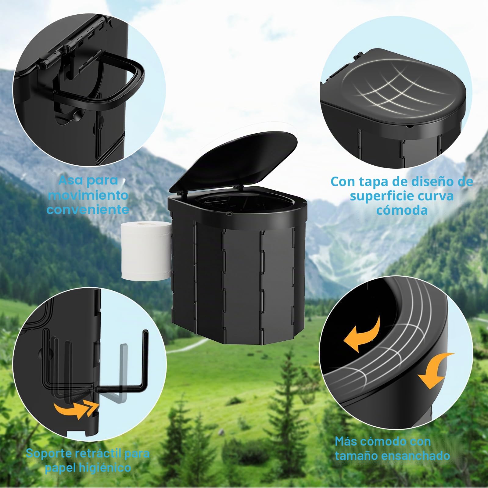 Inodoro portátil para camping, plegable, para adultos, con tapa y soporte retráctil para papel higiénico, impermeable, con bolsa de transporte y fundas desechables, para camping, senderismo, caravanas