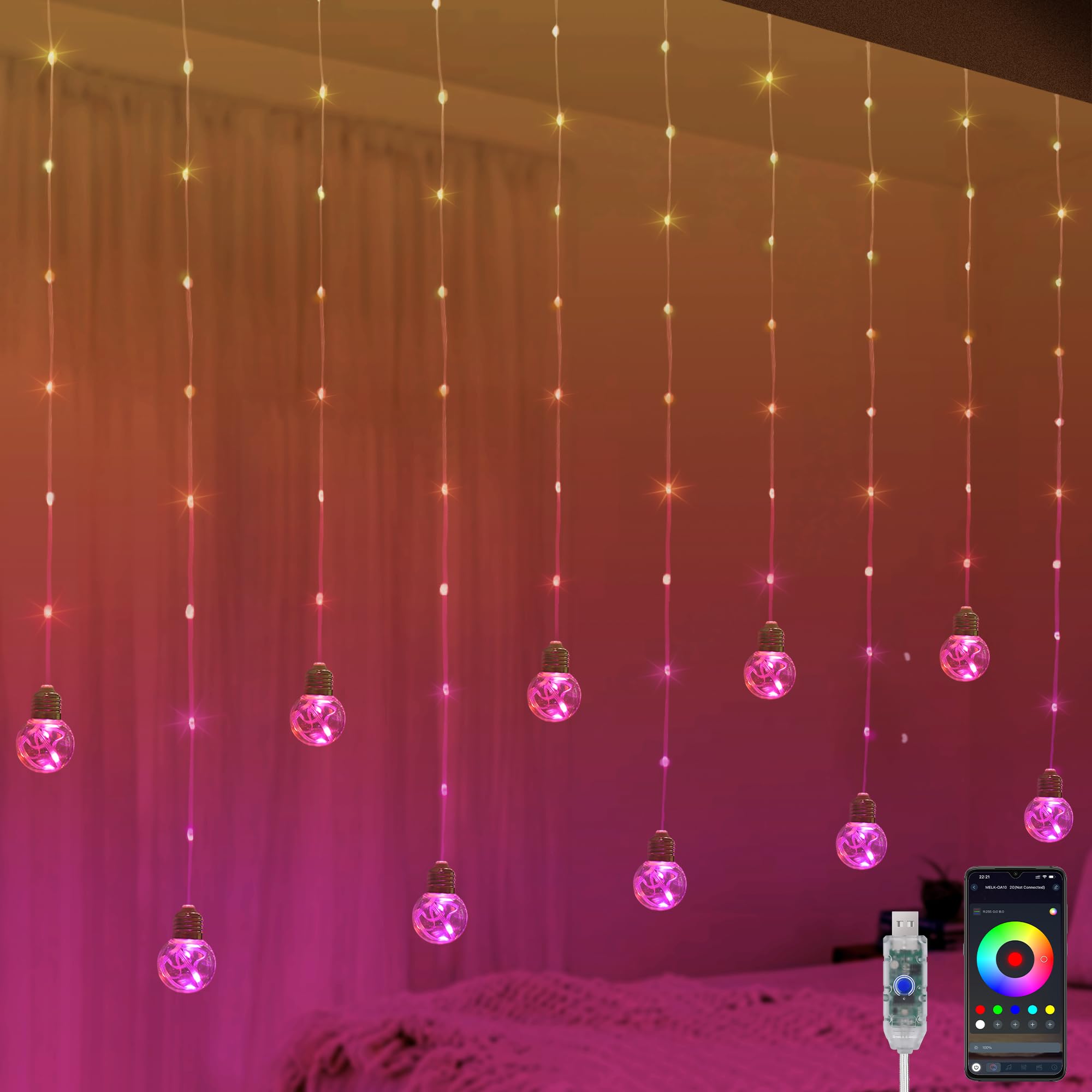 Rideau lumineux en forme de boule à souhaits changeant de couleur, 2,9 x 1,1 m RVB LED avec télécommande par application, synchronisation de la musique, toile de fond de fenêtre, lumières murales pour