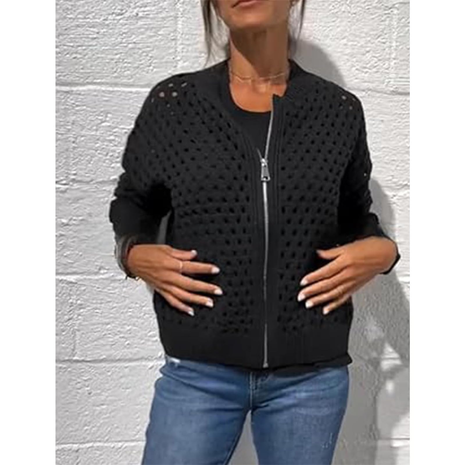 Giacca casual da donna con cerniera, maglia a rete all'uncinetto, scialle lavorato a maglia, cardigan leggero lavorato a maglia.