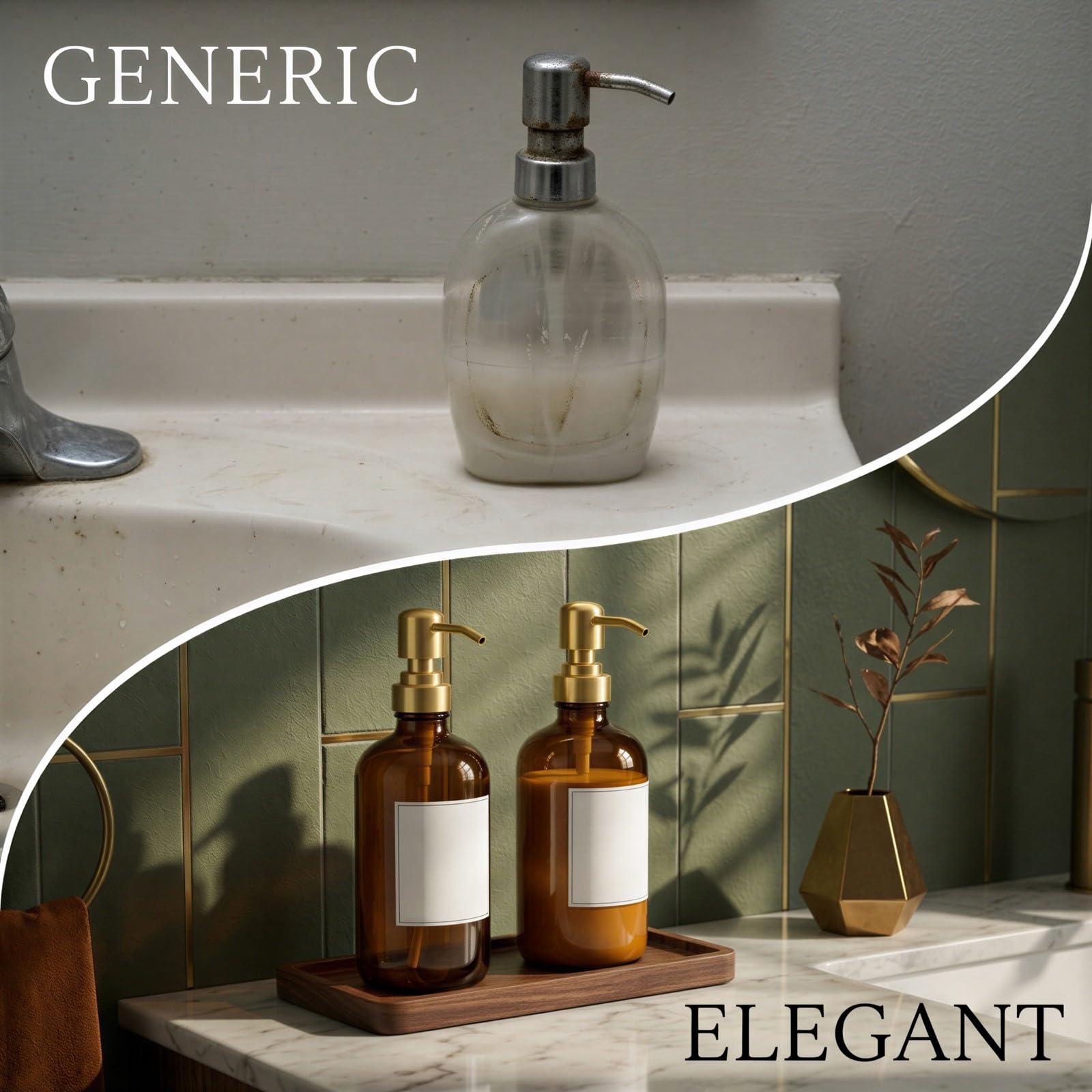 2 Stück Seifenspender aus bernsteinfarbenem Glas, 500 ml Pumpspender Set mit Edelstahlpumpe, 21,8 cm, für Küche und Bad, inklusive Tablett und Etiketten