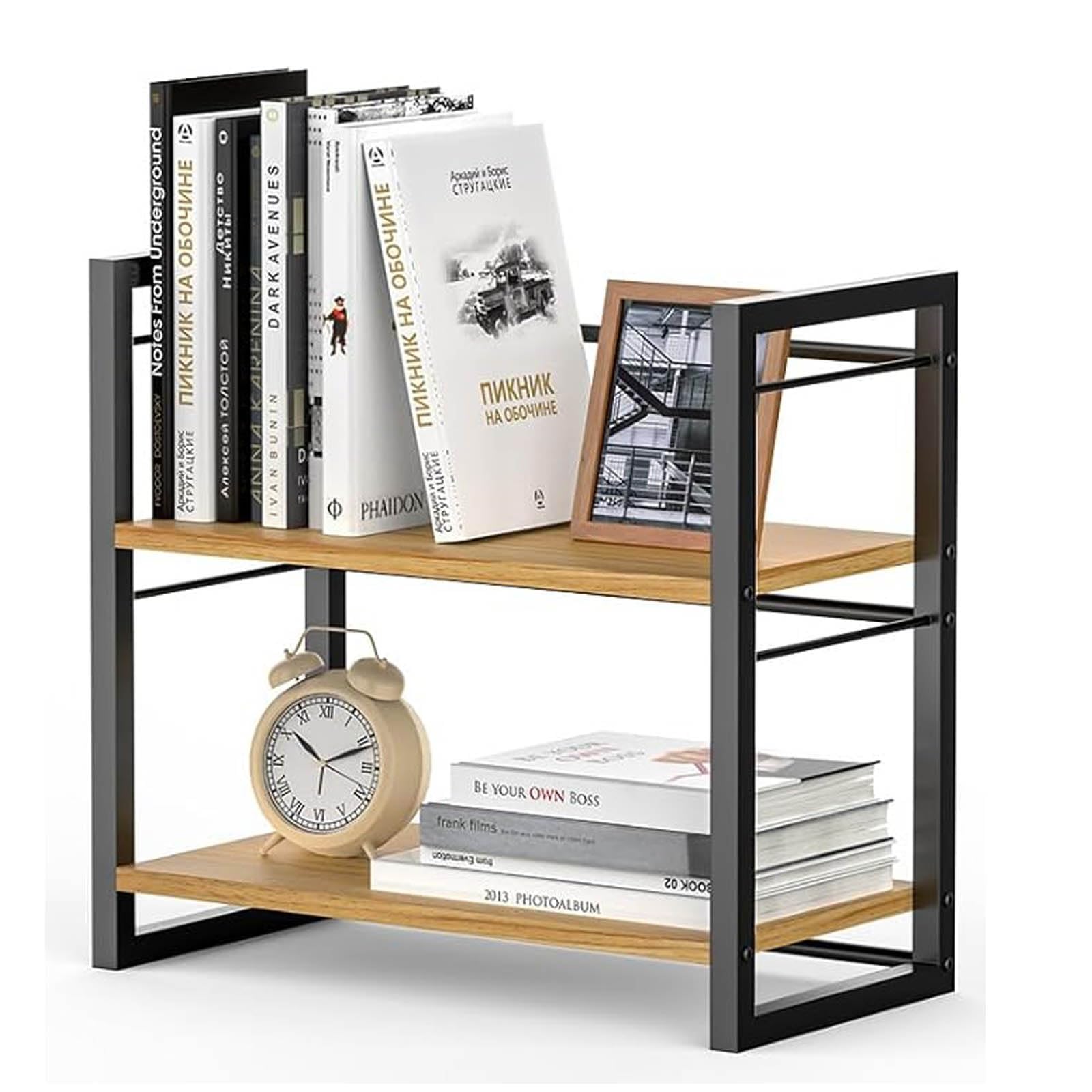 DoToGo Wood Office Desk Shelf Organizer - Desktop Supplies Cute Dresser Top Organization Storage Rack and Cubicle Decor Aesthetic Bookshelf for Women Man and Kids (Black-wood, normal)