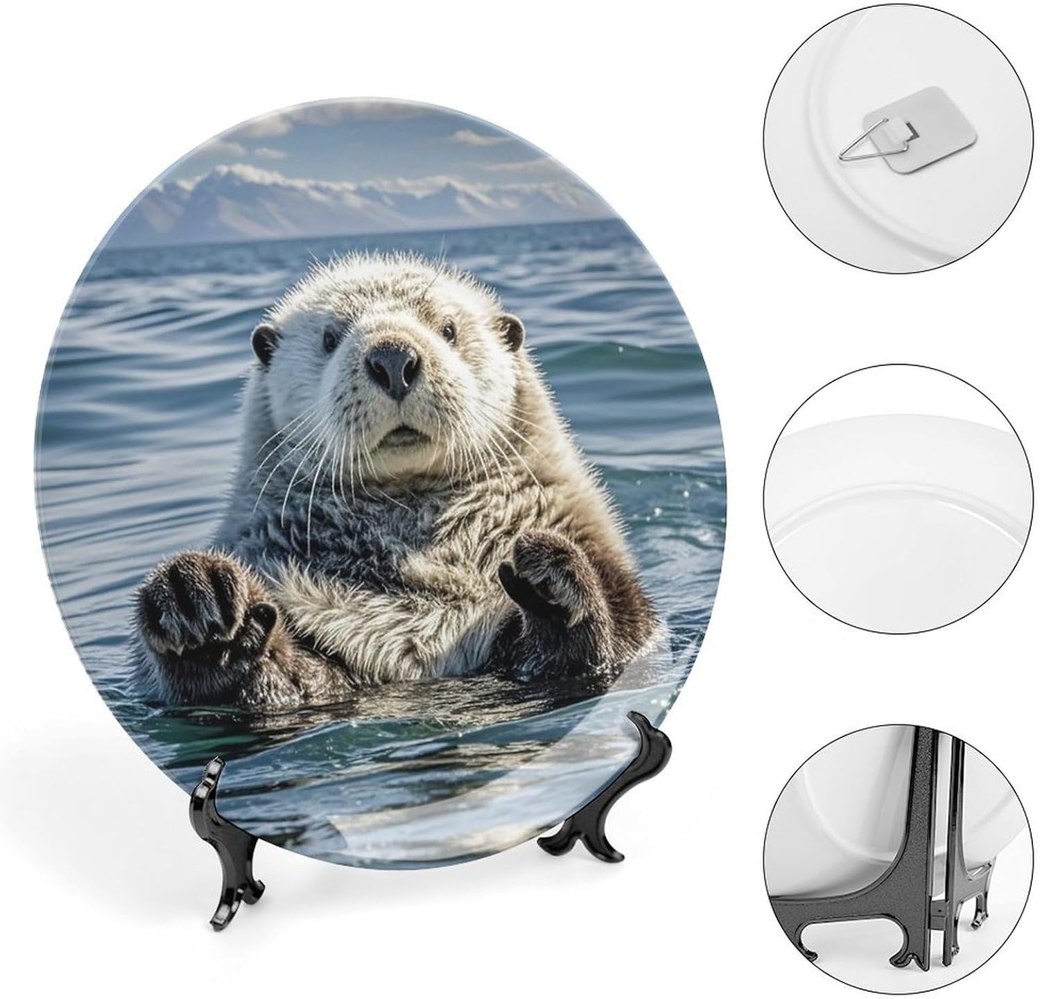 Sea Otter Decorative Ceramic Plate Round Porcelain Plate Decor Personalized Bone China Decorative Plates Ceramic Ornaments Dessert Plates with Display Stand 8inch