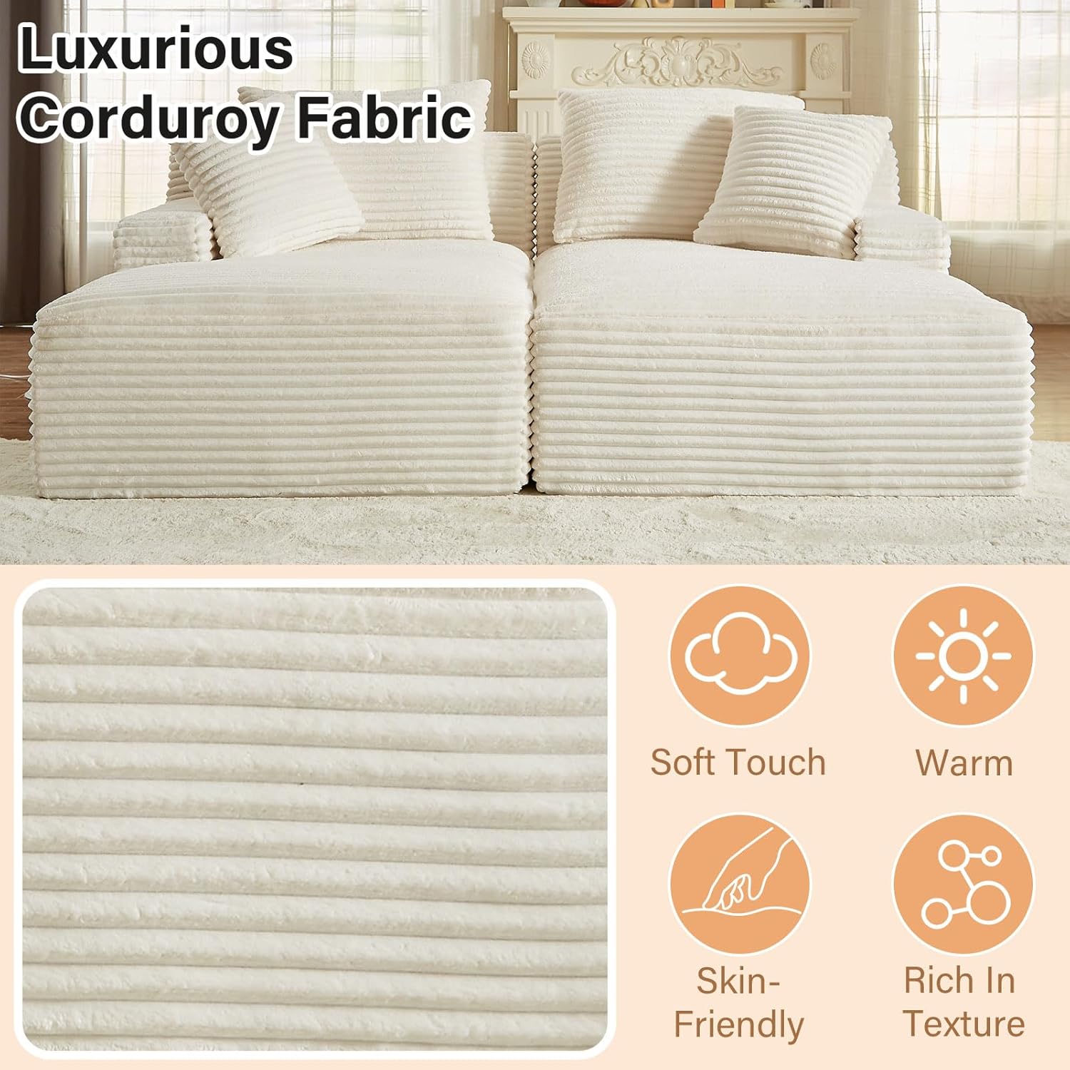 Oversized Double Chaise Lounge Chair, 78.8" Sectional Upholstered Deep Seat Cloud Couch, Modern Corduroy Loveseat Sleeper Chair Sofa Bed for Living Room Bedroom Apartment Indoor, White