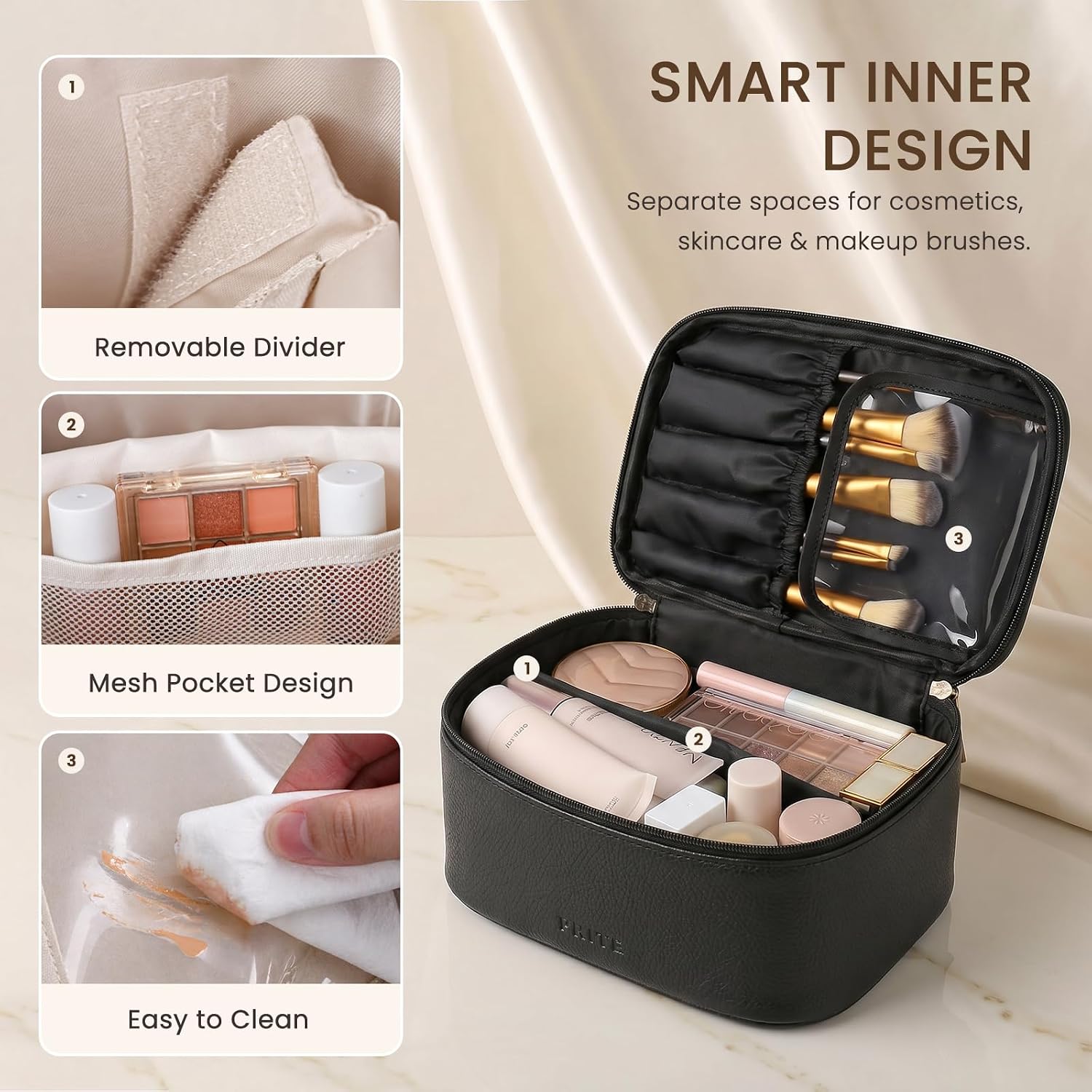 Prite 2 Pcs Makeup Bag Set Travel Cosmetic Organizer 2-Layer Vegan Leather Jewelry Case with Waterproof Clear Toiletry Bag for Women