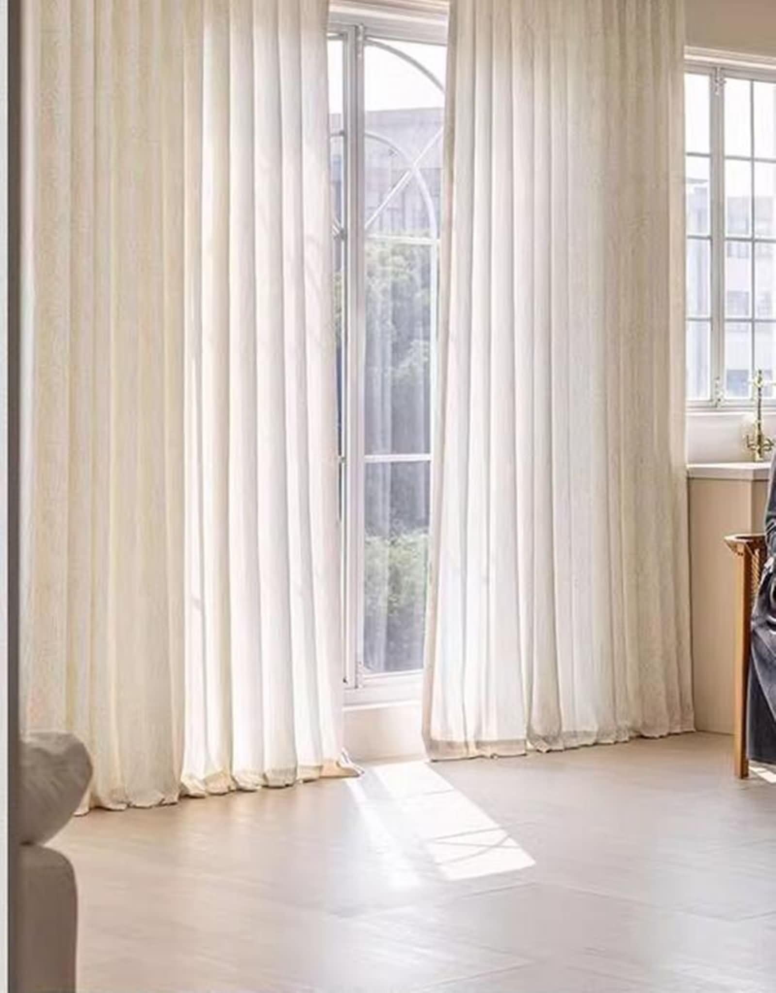 Rideau Cuisine Automne, Rideau Cuisine Long Beige Blanc Couleur Unie à Motif Jacquard Polyester 2 Panneaux 132W x 183L cm
