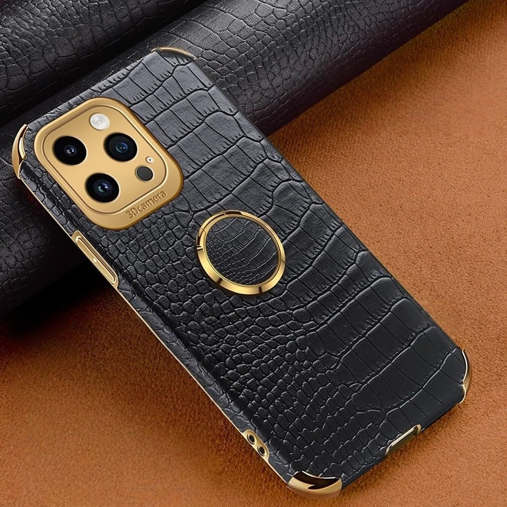 Coque silicone cuir crocodile iPhone 14 Pro Max noire anneau support - 8