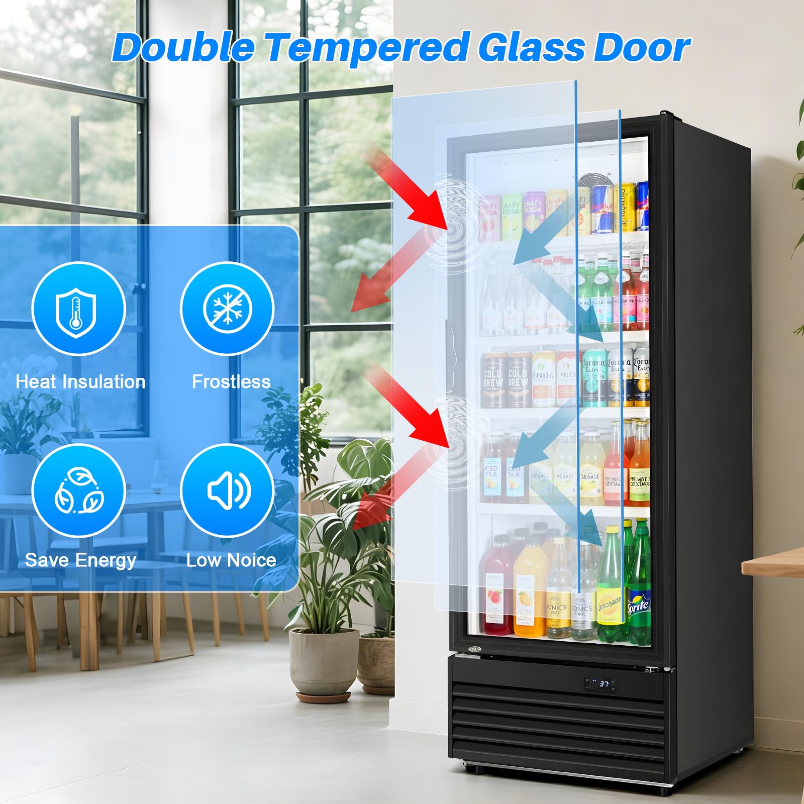 Commercial Beverage Refrigerator, 24.5" Glass Door Display Fridge, 15 Cu.Ft Freestanding Beverage Cooler With 4 Adjustable Shelves, Auto Rebound Door, Low Noise, For Shops, Restaurants & Bars, Black on Fridge.com - View 3
