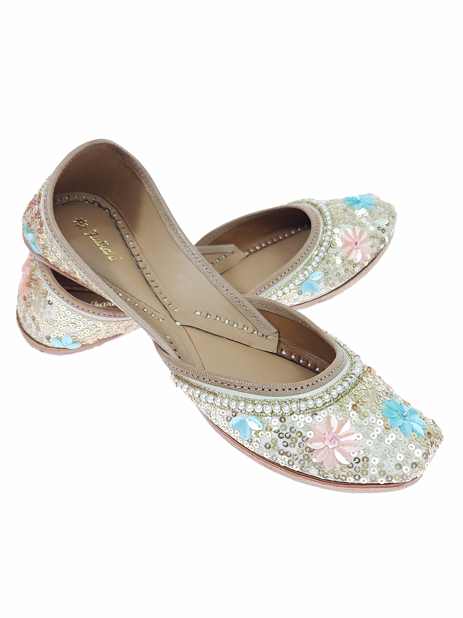 Women's Flake Sequins Genuine Soft Leather Embroidered Jutis | Bite and Pinch Free Jutti | Punjabi Formal Juttis | Girl's Wedding Flat Ladies Mojari | Formal Ethnic Juti |-image-46