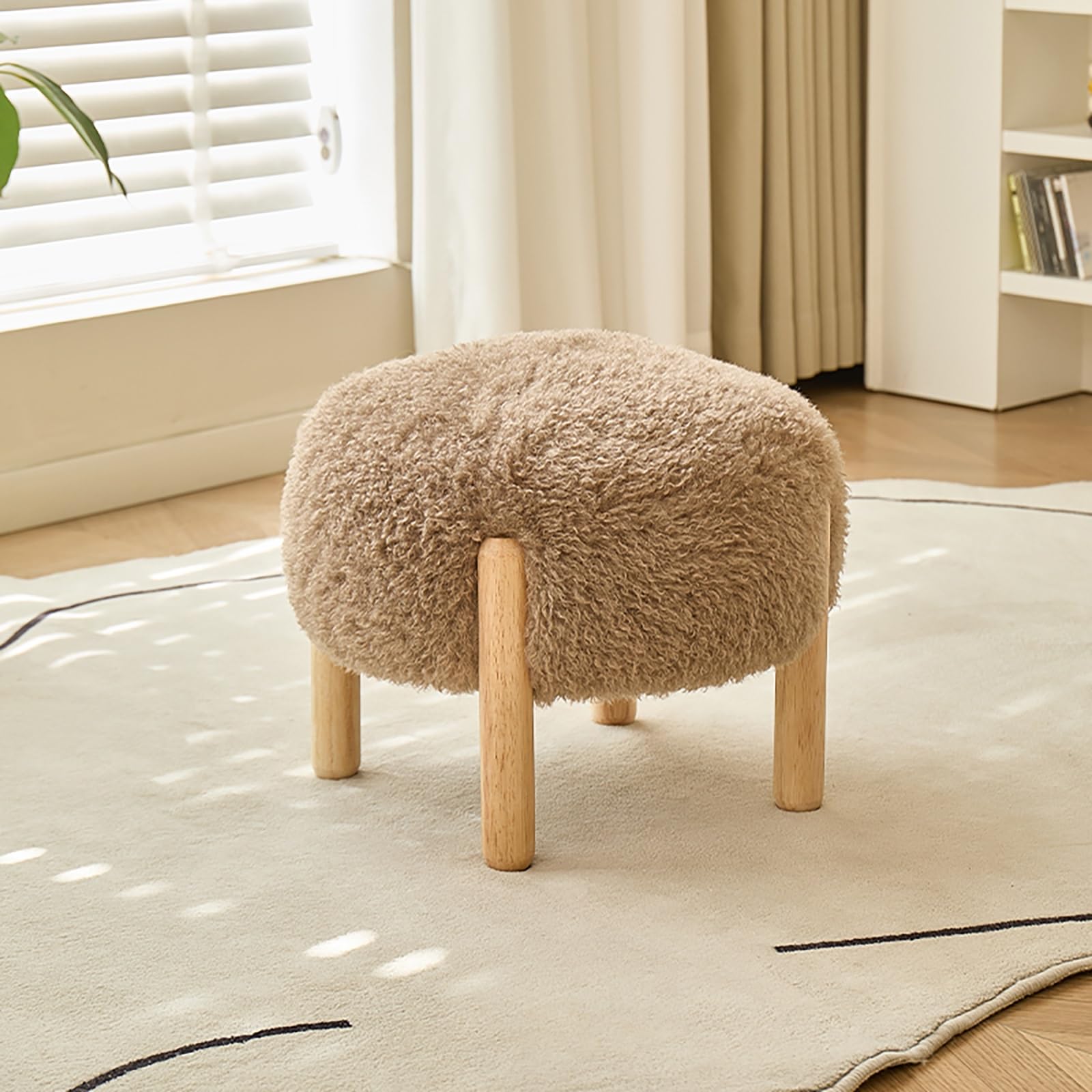 Pouf en Bois Massif et Laine d'agneau Rembourré de Style Moderne